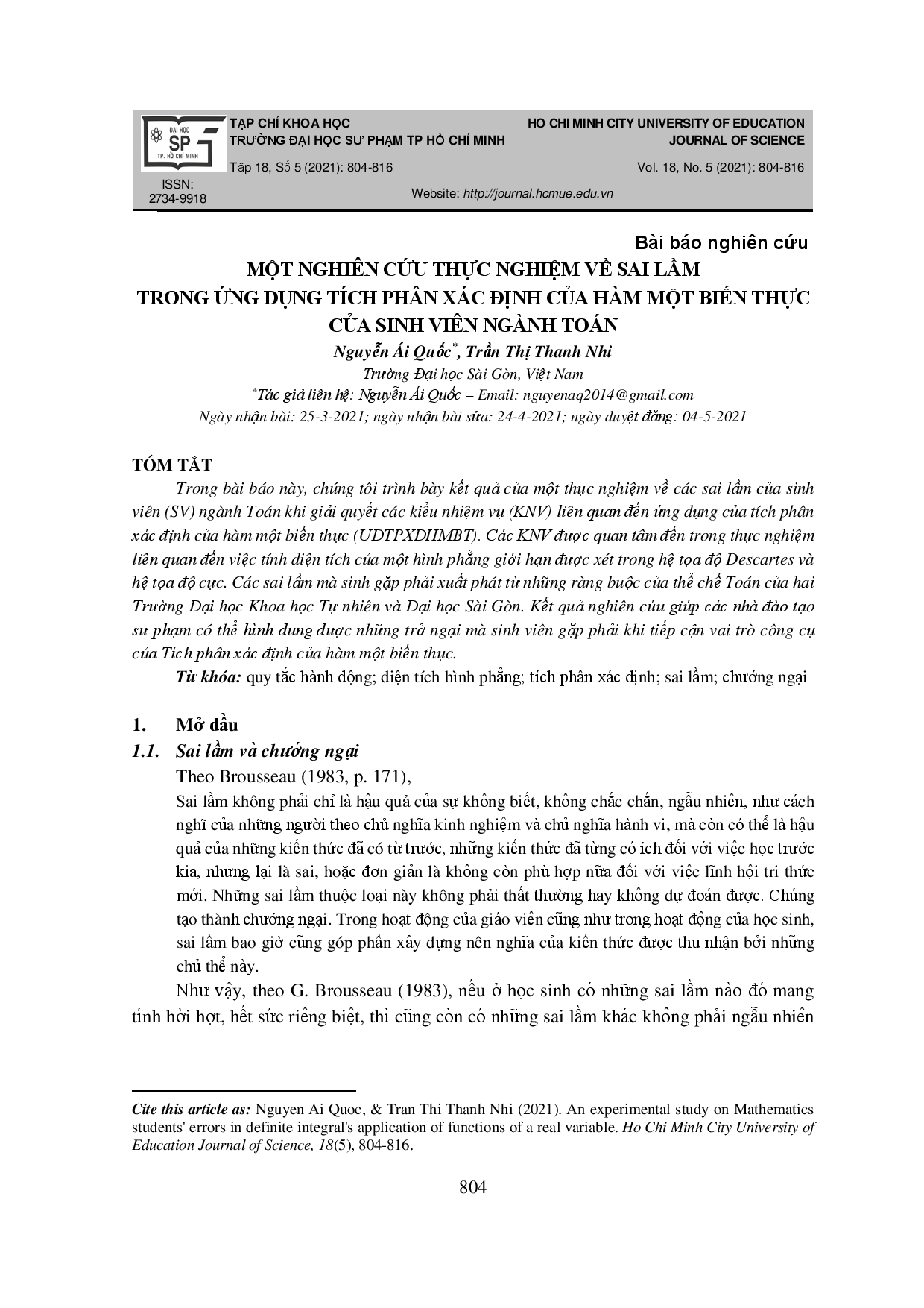 Một nghiên cứu thực nghiệm về sai lầm trong ứng dụng tích phân xác định của hàm một biến thực của sinh viên ngành Toán  