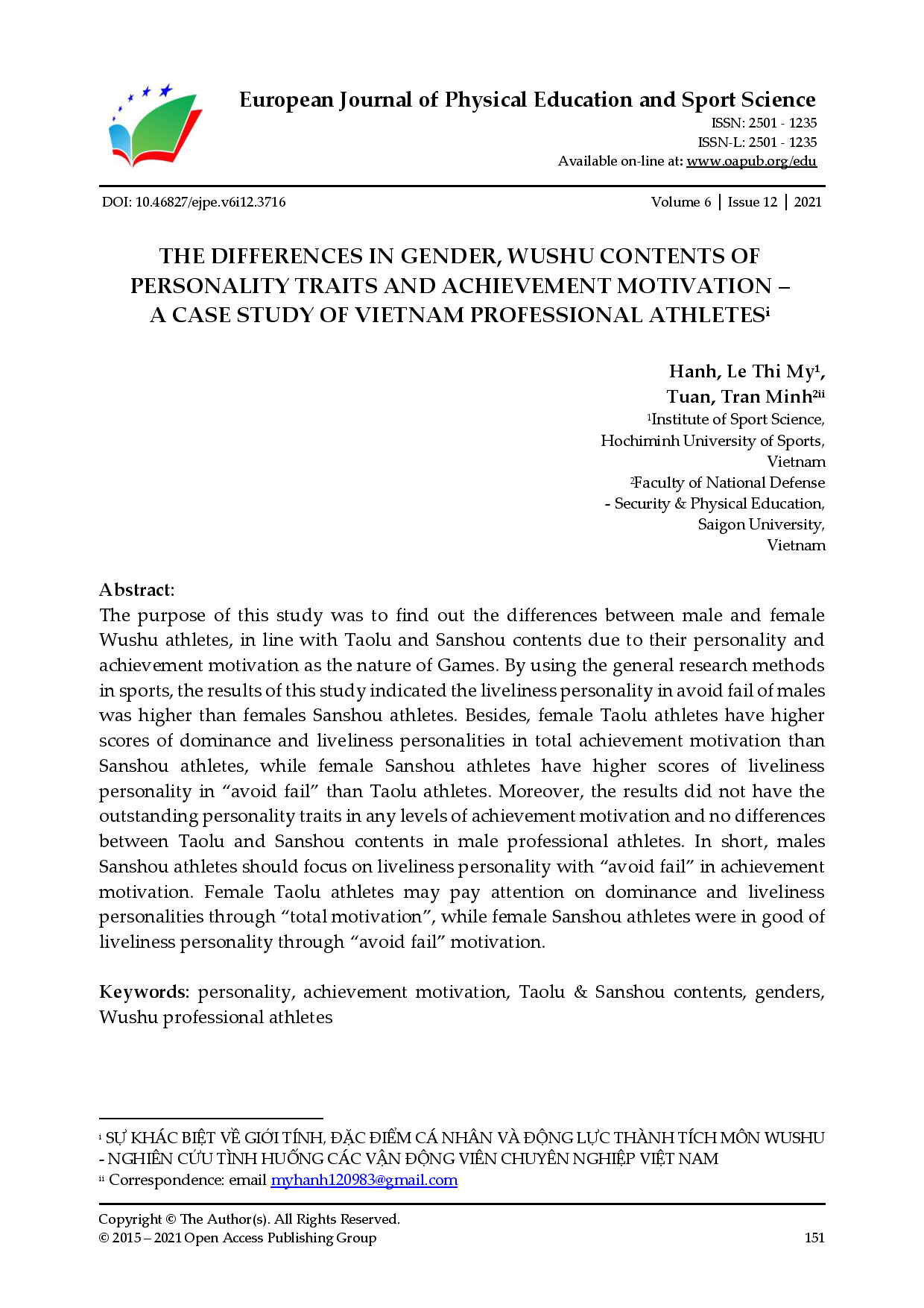 The differences in genders, wushu contents of personality traits and achievement motivation – A case study of Vietnam professional athletes  