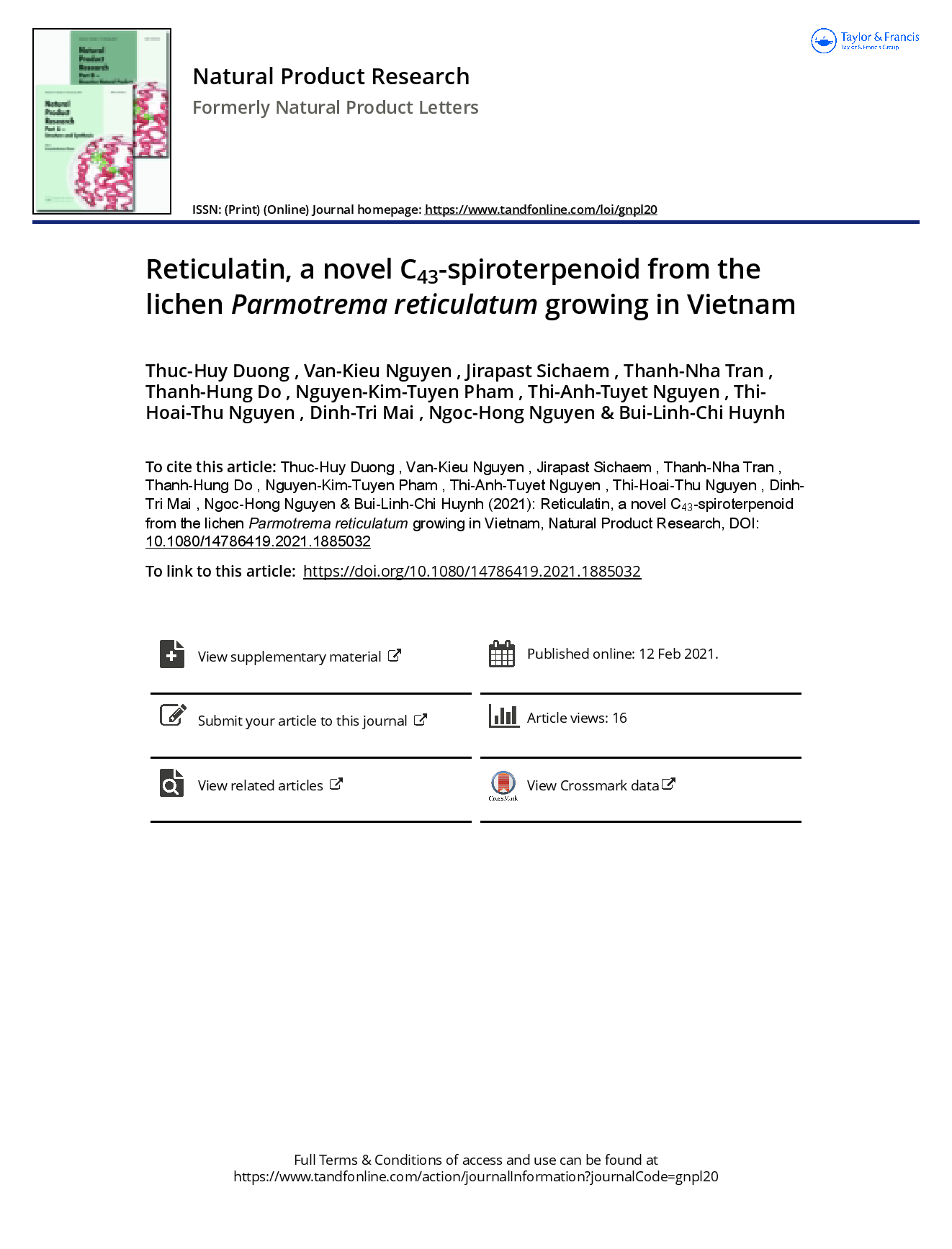 Reticulatin, a novel C43-spiroterpenoid from the lichen parmotrema reticulatum growing in Vietnam  