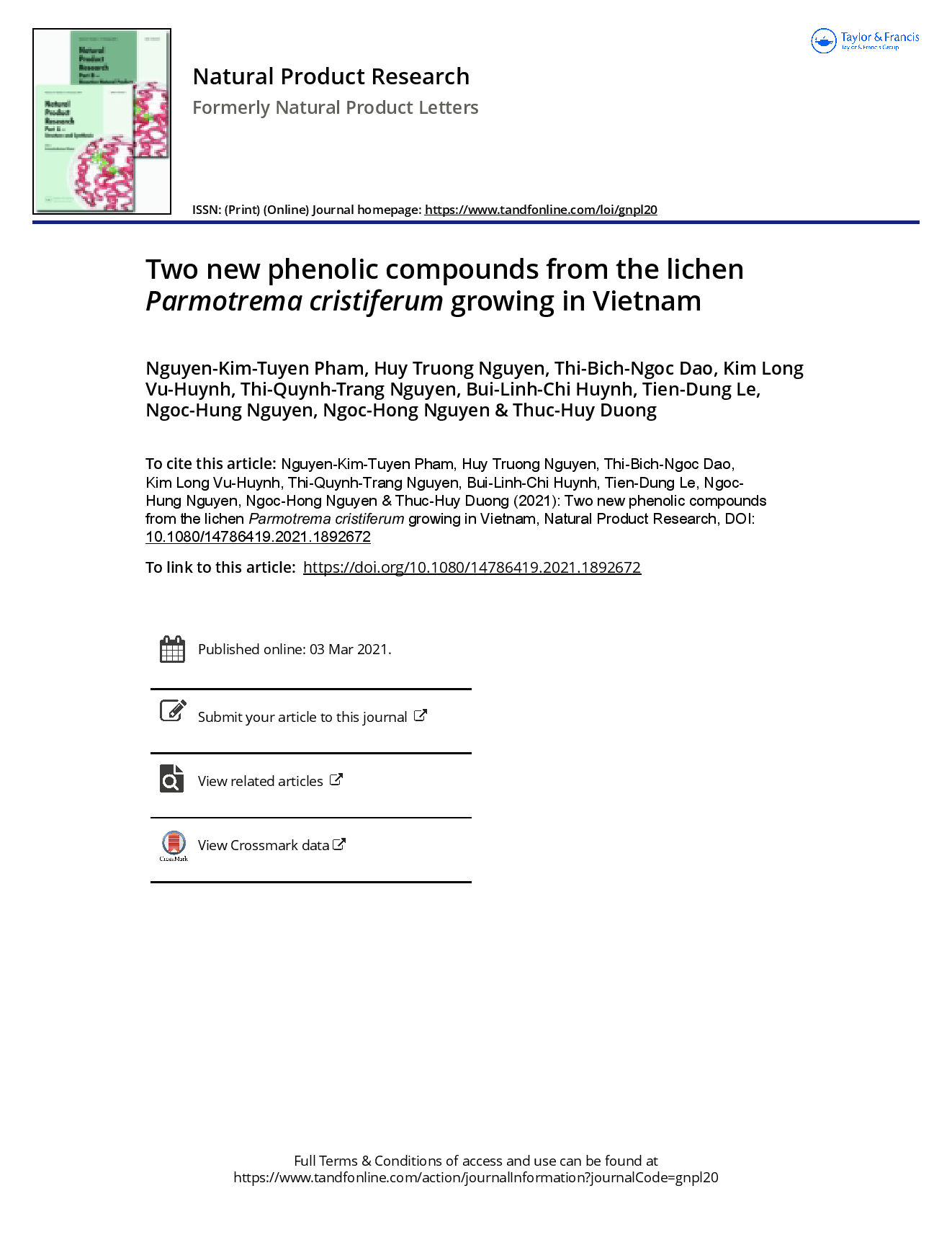 Two new phenolic compounds from the lichen Parmotrema cristiferum growing in Vietnam  