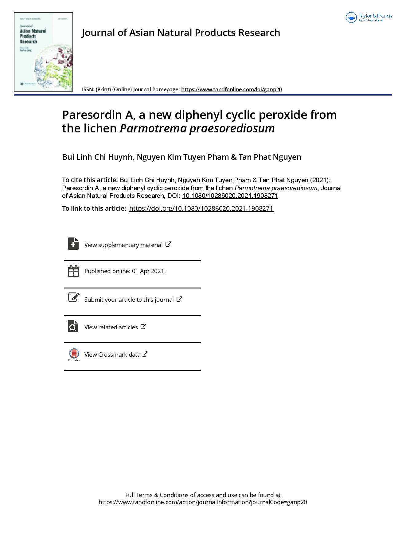 Paresordin A, a new diphenyl cyclic peroxide from the lichen Parmotrema praesorediosum  