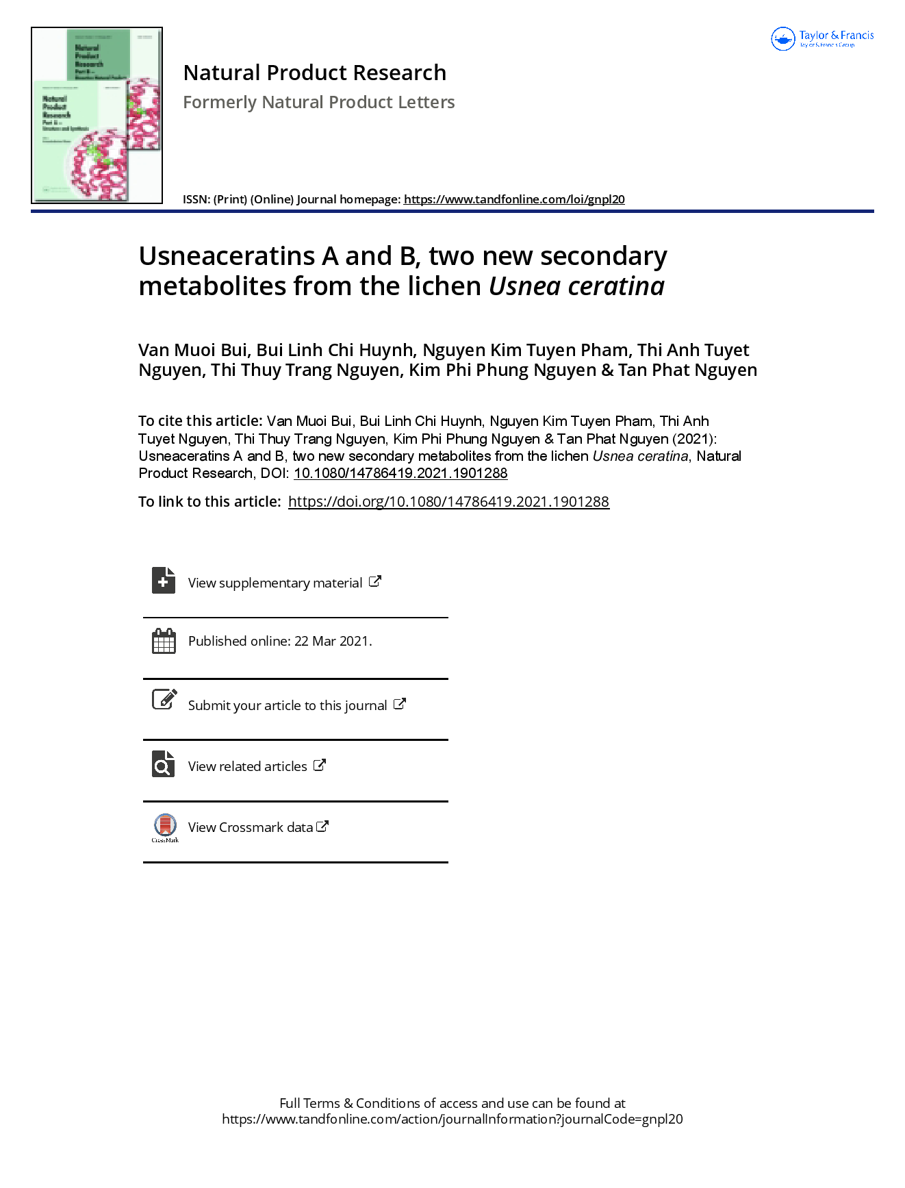 Usneaceratins A and B, two new secondary metabolites from the lichen Usnea ceratina  