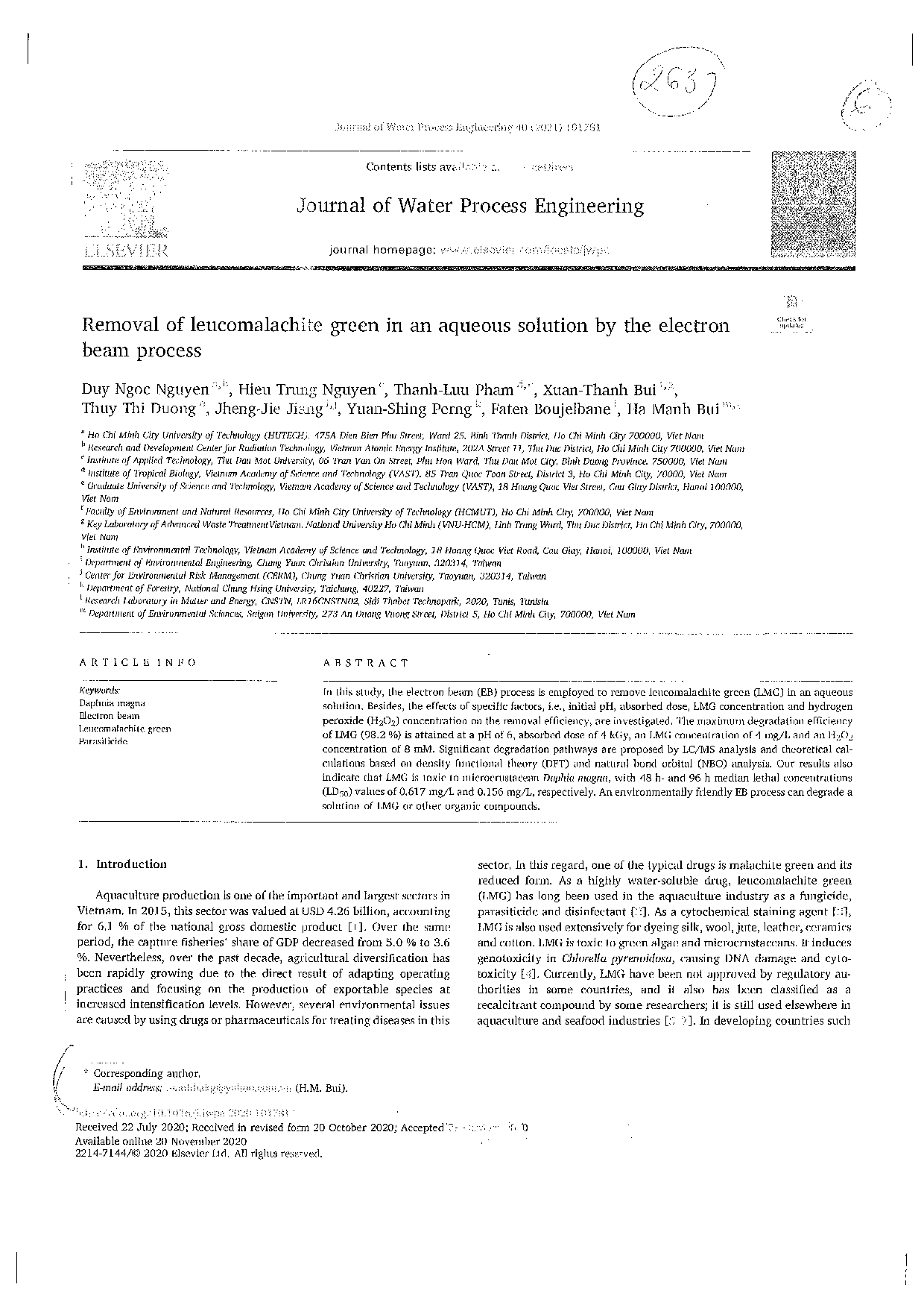 Removal of leucomalachite green in an aqueous solution by the electron  beam process  