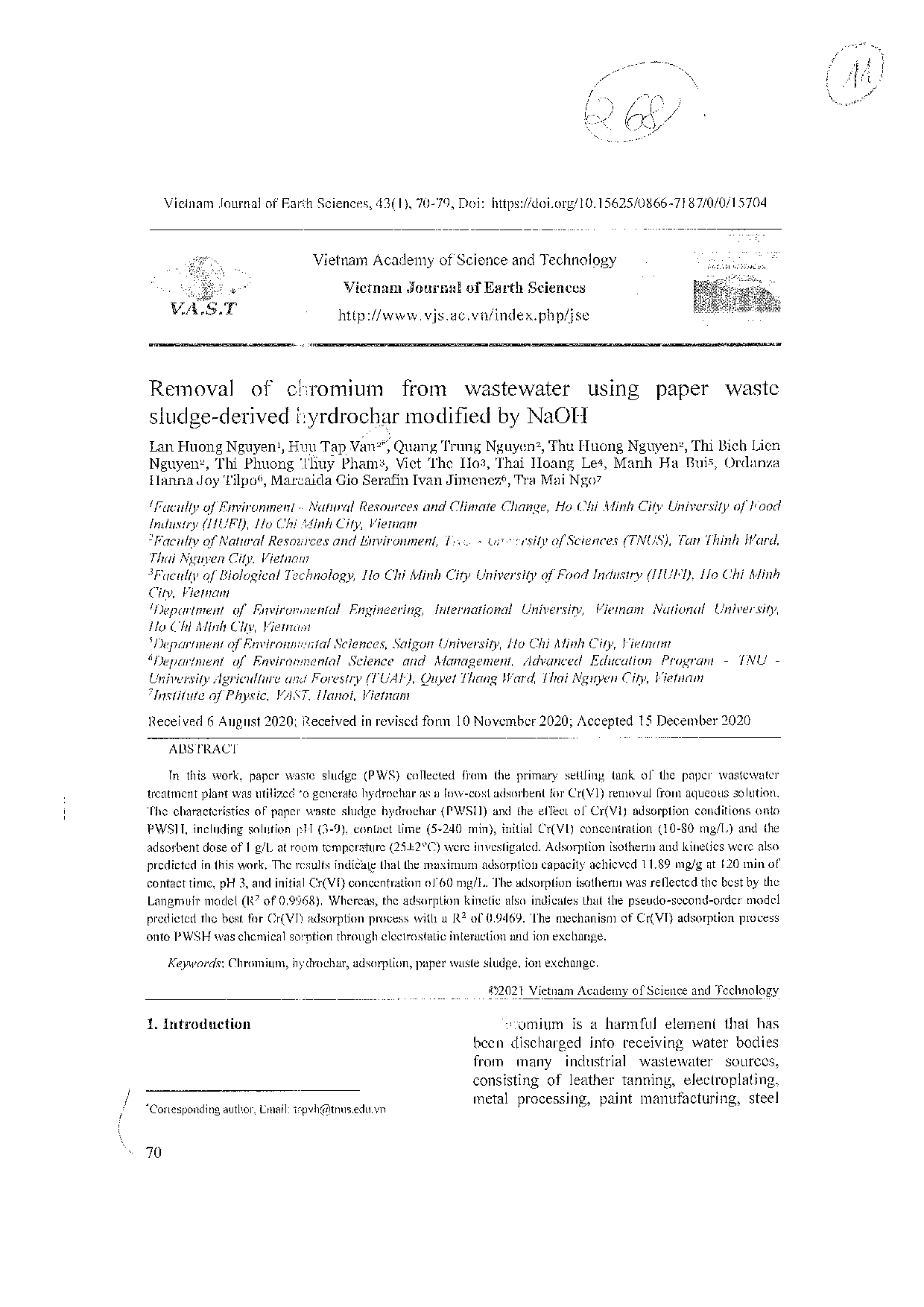 Removal of chromium from wastewater using paper waste sludge-derived hyrdrochar modified by naoh  