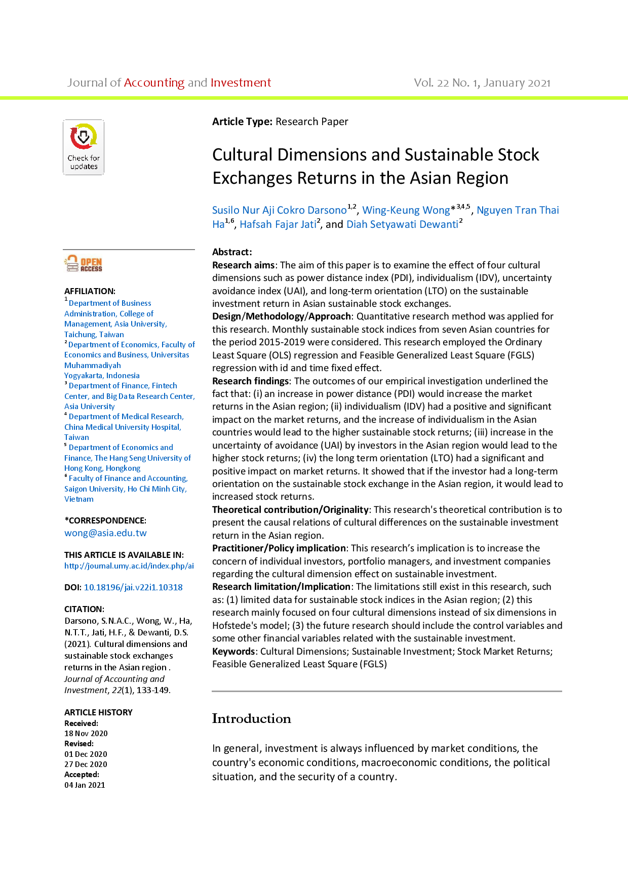 Cultural dimensions and sustainable stock exchanges returns in the Asian region  