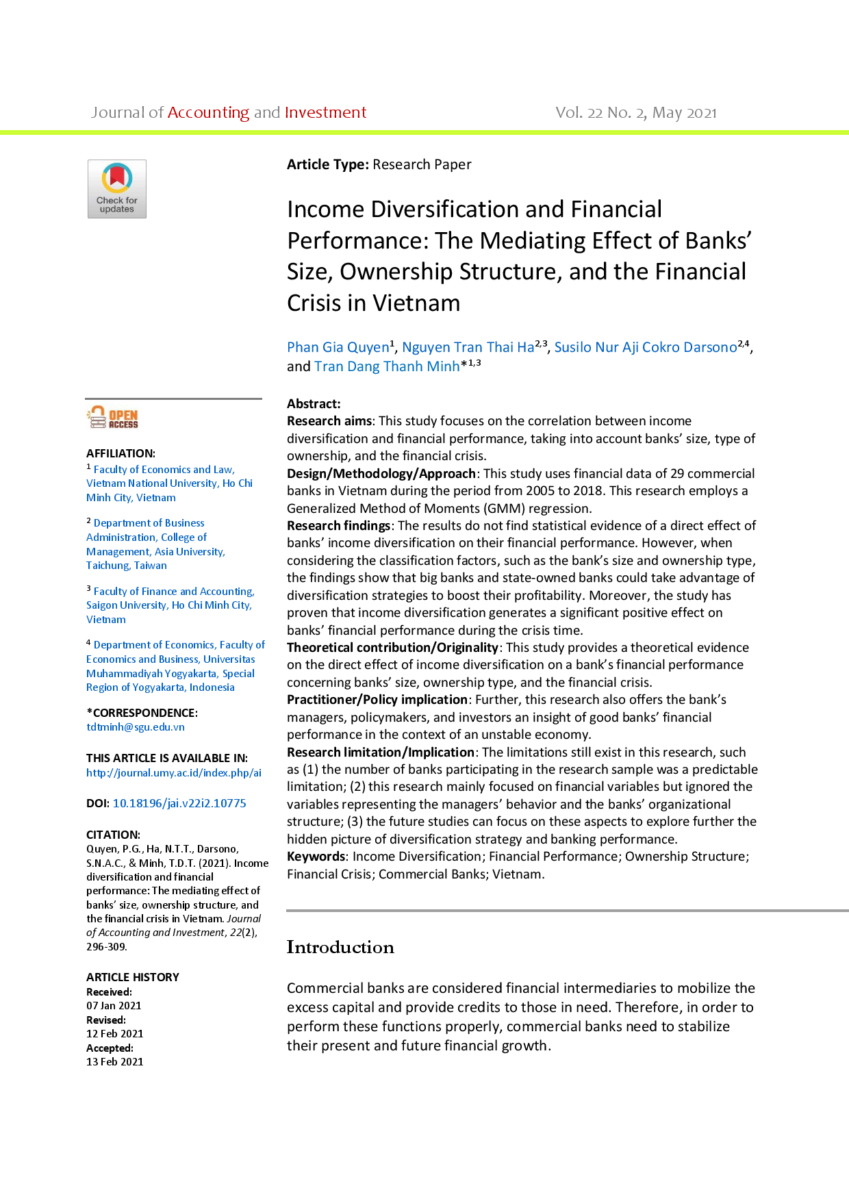 Income diversification and financial performance  