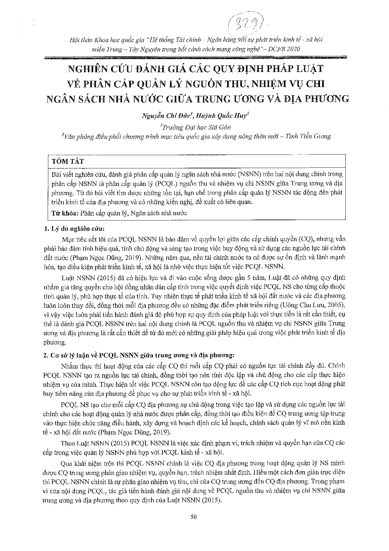 Nghiên cứu đánh giá các quy định pháp luật về phân cấp quản lý nguồn thu, nhiệm vụ chi Ngân sách nhà nước giữa Trung ương và địa phương  