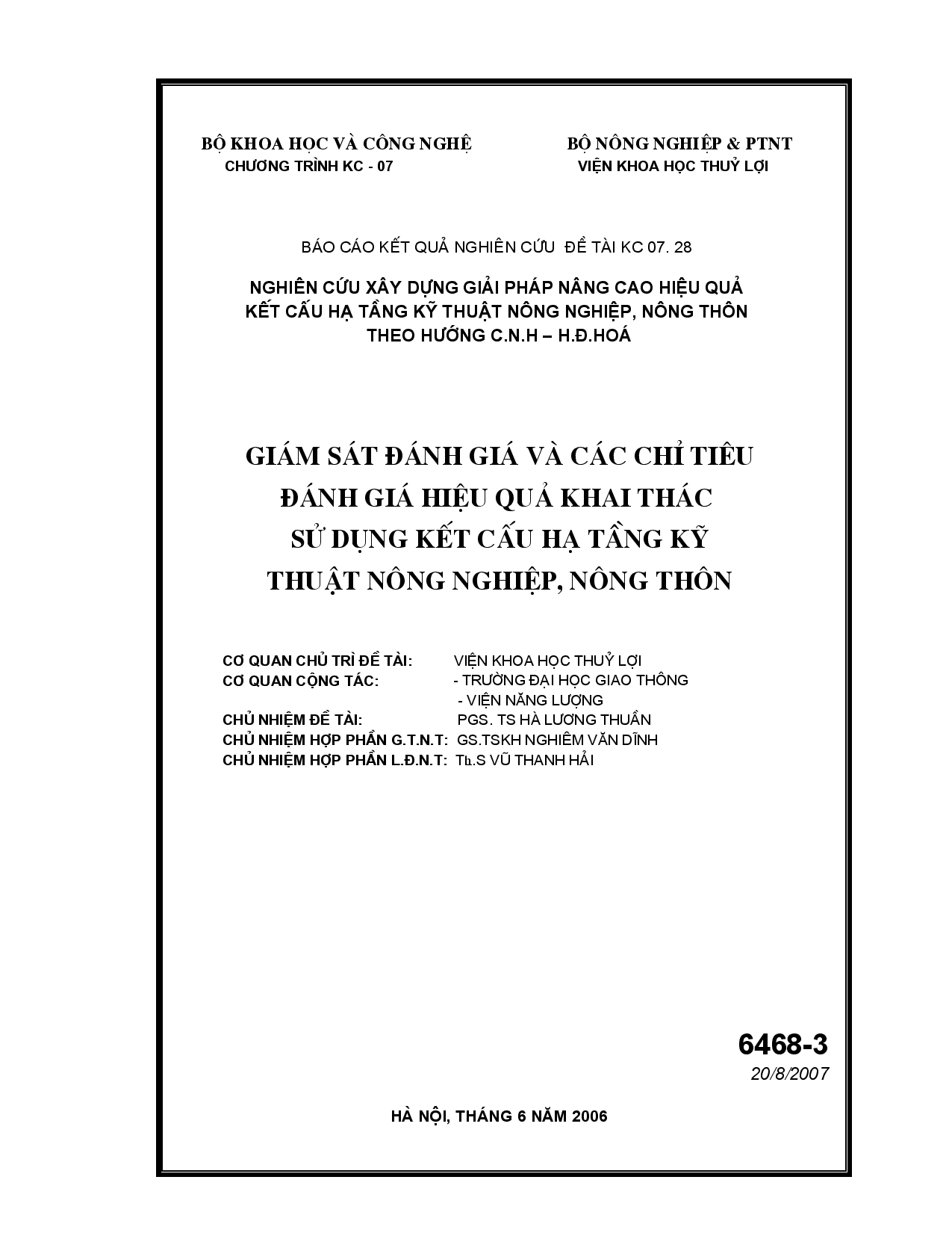 Giám sát đánh giá và các chỉ tiêu đánh giá hiệu quả khai thác sử dụng kết cấu hạ tầng kỹ thuật nông nghiệp, nông thôn  