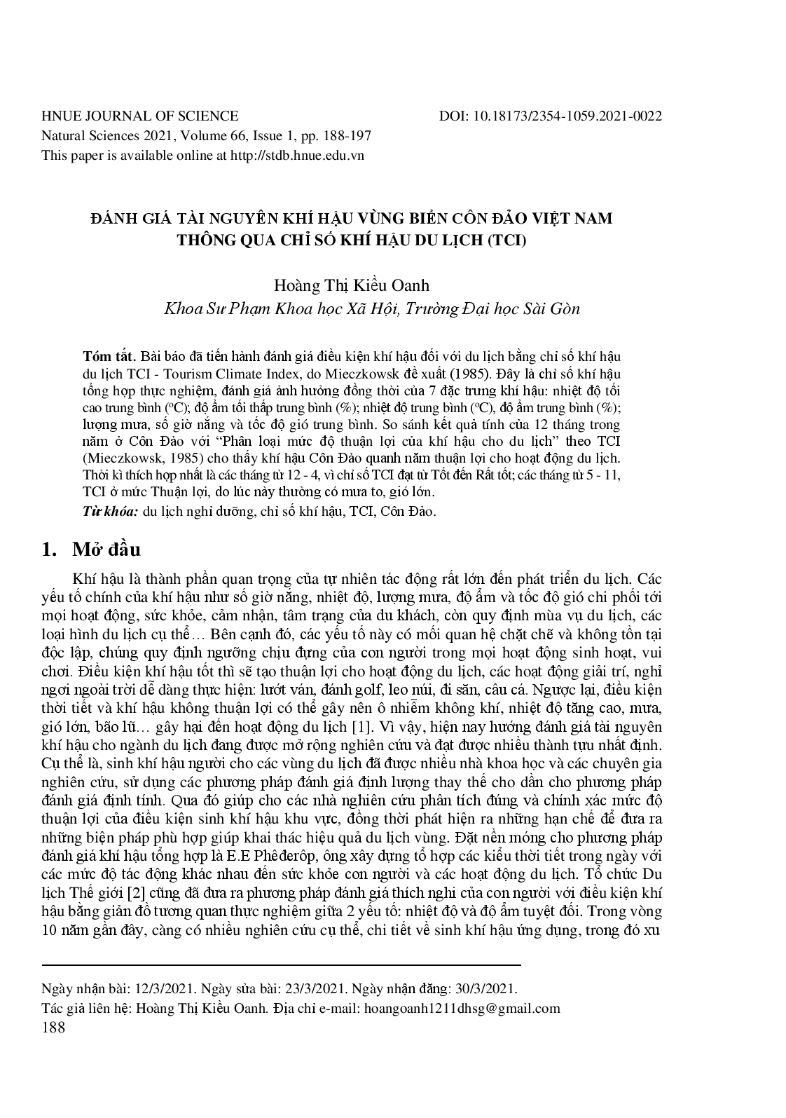 Đánh giá tài nguyên khí hậu vùng biển Côn Đảo Việt Nam thông qua chỉ số khí hậu du lịch (TCI)  