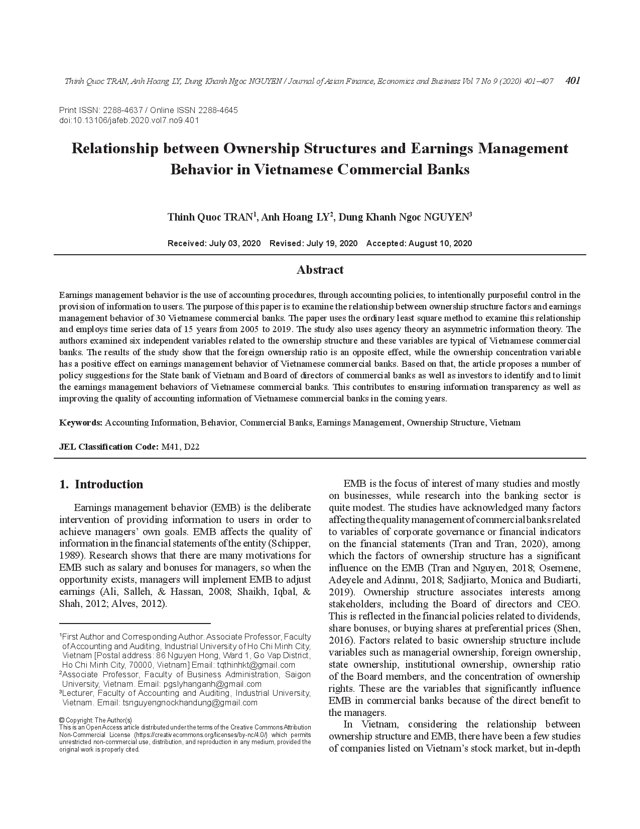 Relationship between ownership structures and earnings management behavior in Vietnamese commercial banks  