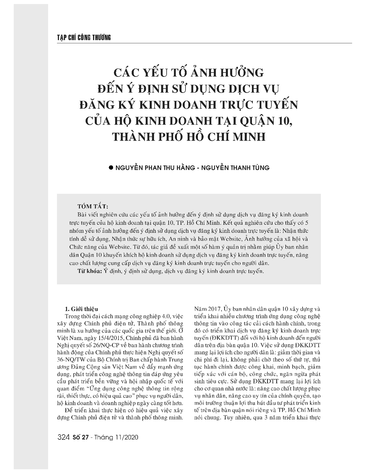 Các yếu tố ảnh hưởng đến ý định sử dụng dịch vụ đăng ký kinh doanh trực tuyến của hộ kinh doanh tại quận 10, Thành phố Hồ Chí Minh  