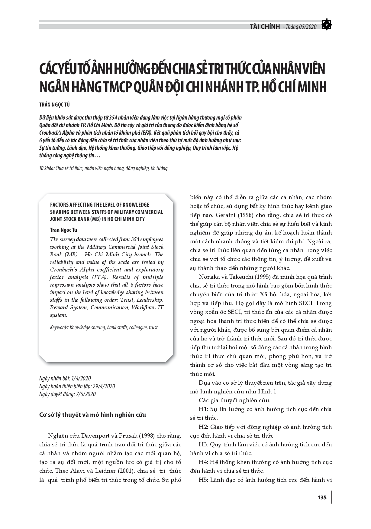 Các yếu tố ảnh hưởng đến chia sẻ tri thức của nhân viên Ngân hàng TMCP Quân đội chi nhánh TP. Hồ Chí Minh  