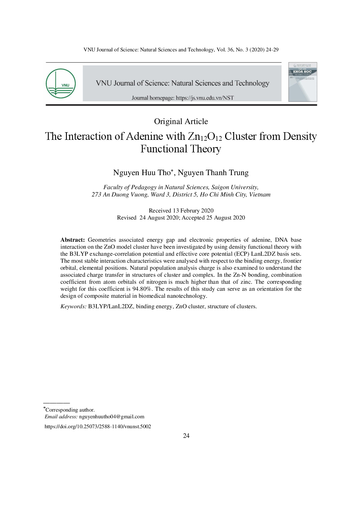 The interaction of adenine with Zn12O12 cluster from density functional theory  