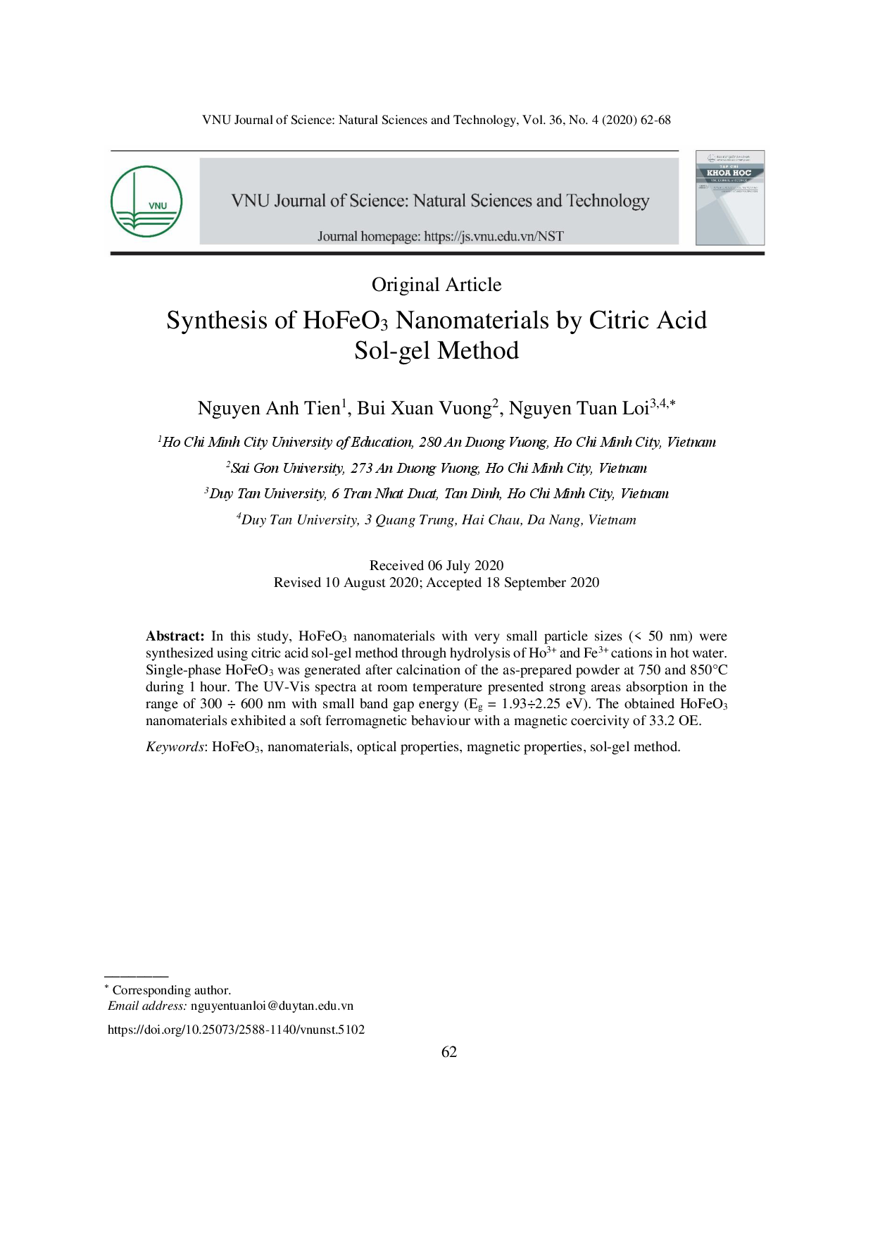 Synthesis of HoFeO3 nanomaterials by citric acid sol-gel method  