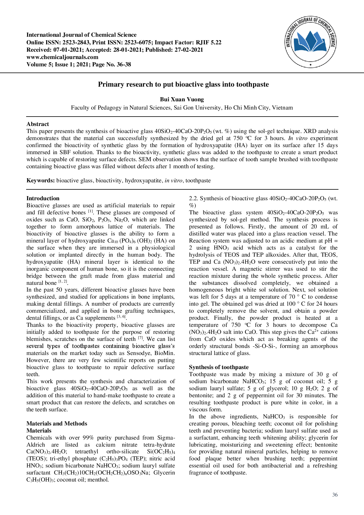 Primary research to put bioactive glass into toothpaste  