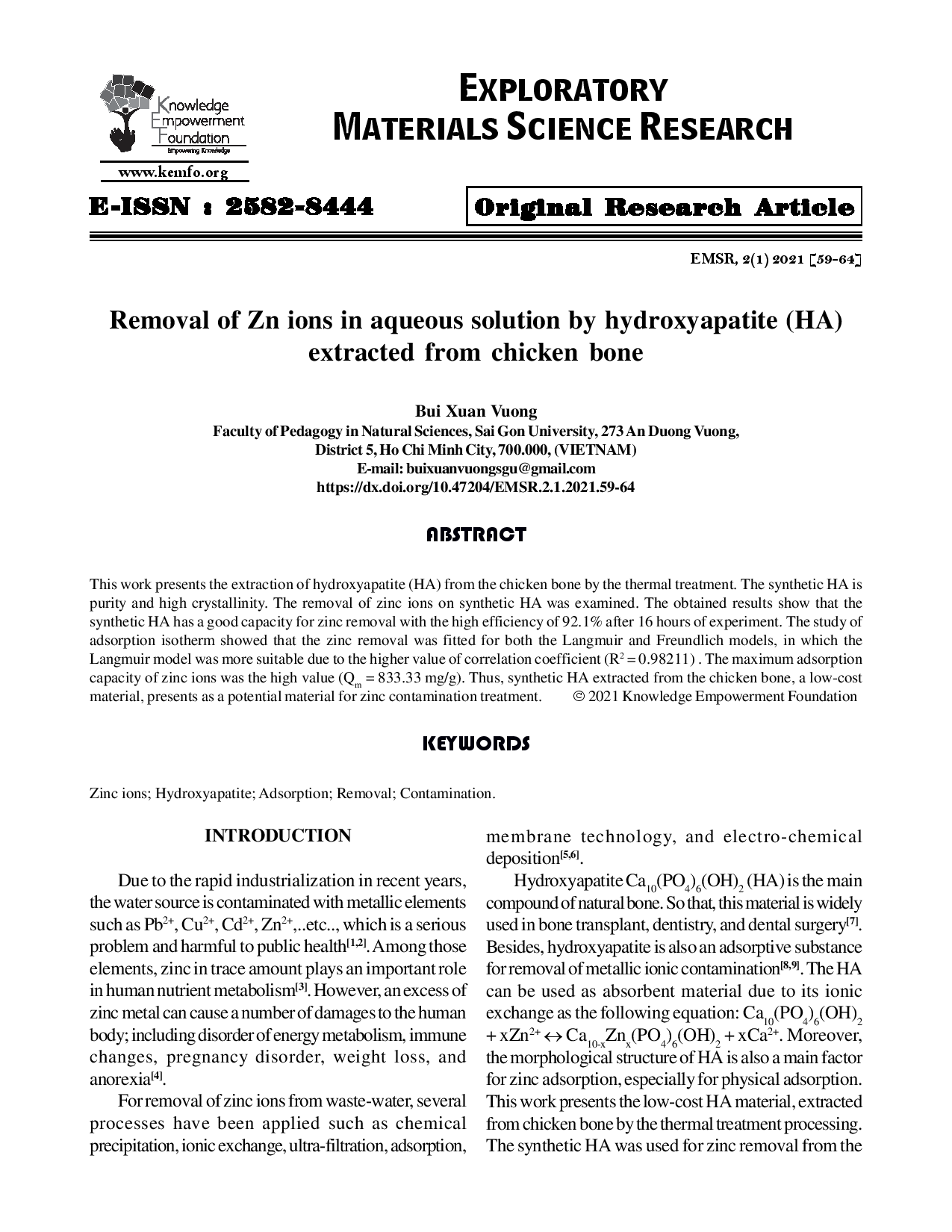 Removal of Zn ions in aqueous solution by hydroxyapatite (HA) extracted from chicken bone  