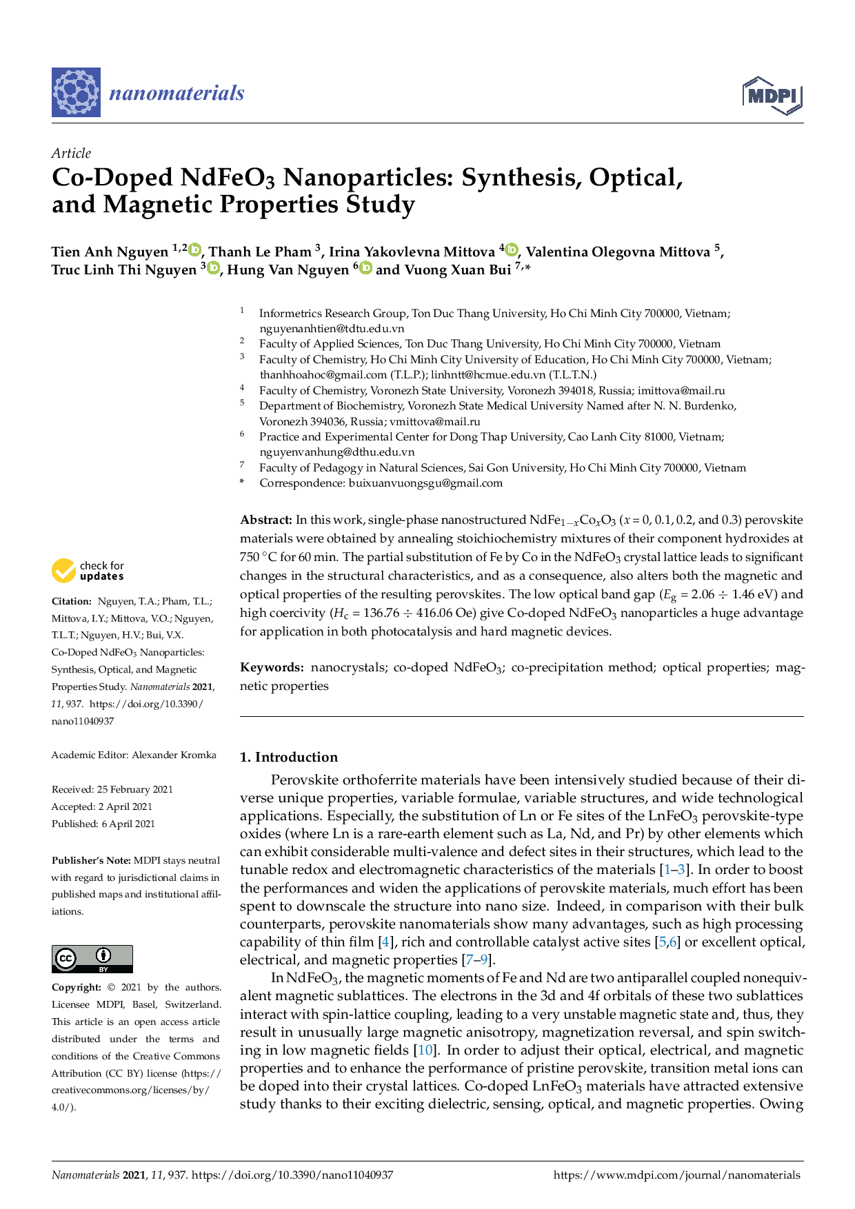 Co-Doped NdFeO3 Nanoparticles  