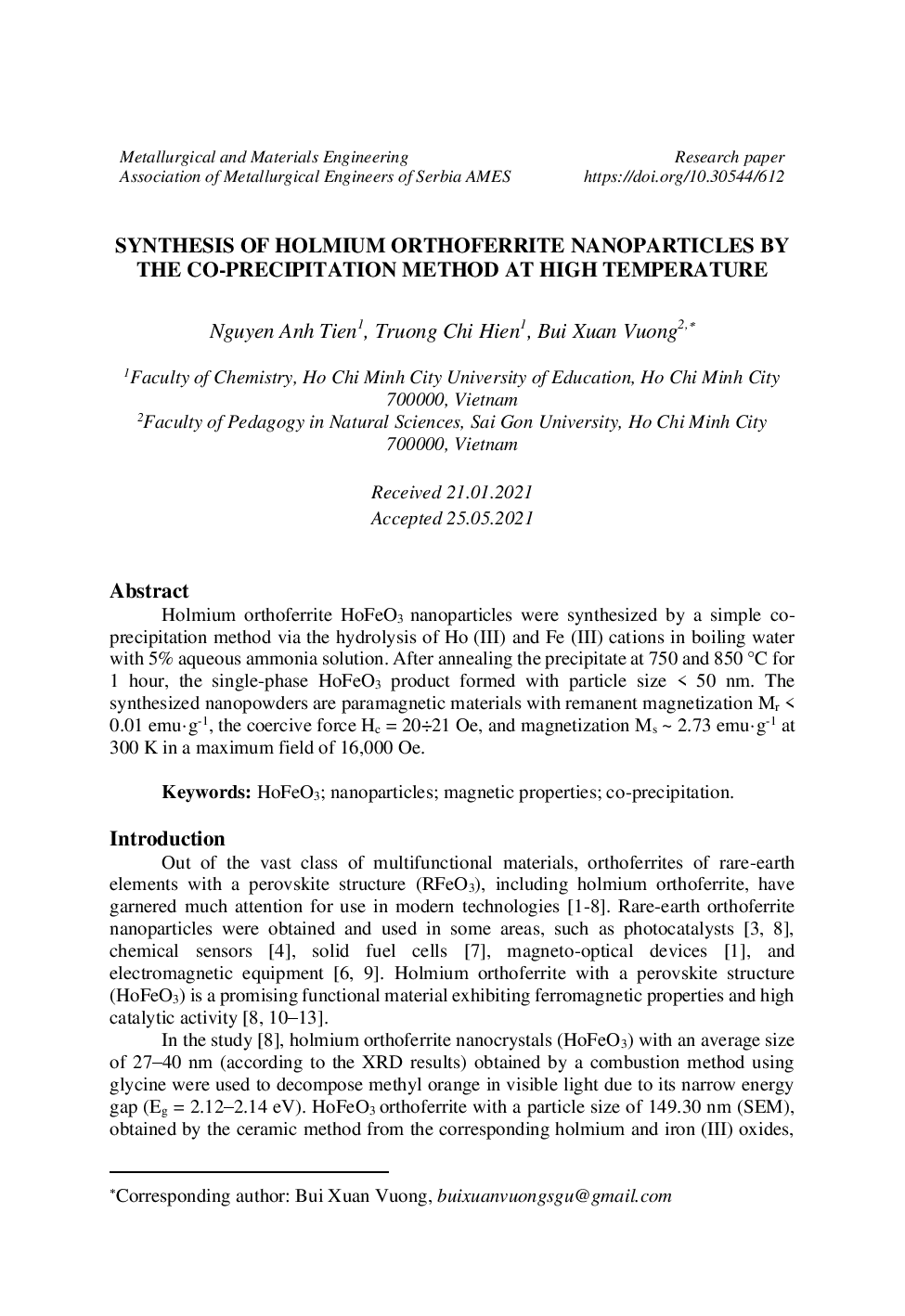 Synthesis of holmium orthoferrite nanoparticles by the co-precipitation method at high temperature  