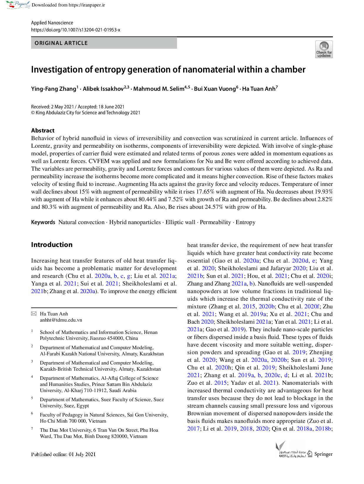 Investigation of entropy generation of nanomaterial within a chamber  