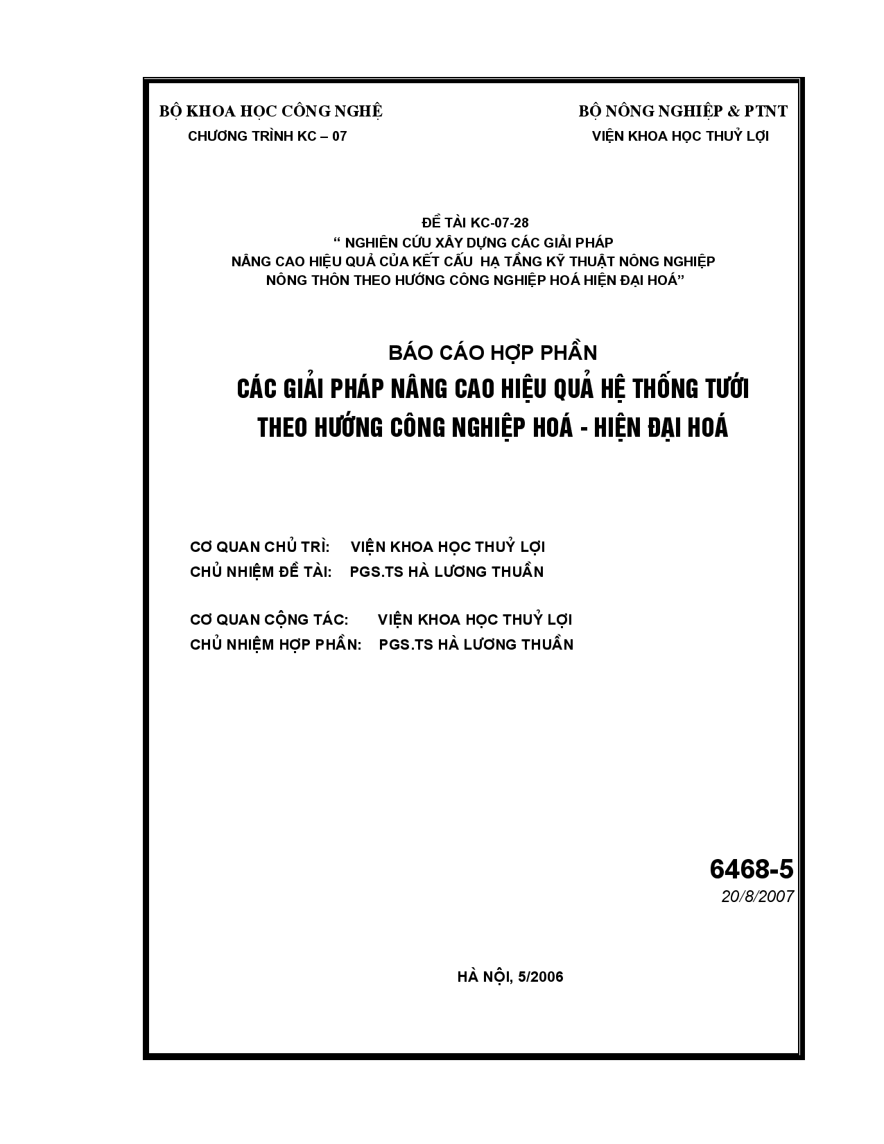 Các giải pháp nâng cao hiệu quả hệ thống tưới theo hướng công nghiệp hoá - hiện đại hoá  