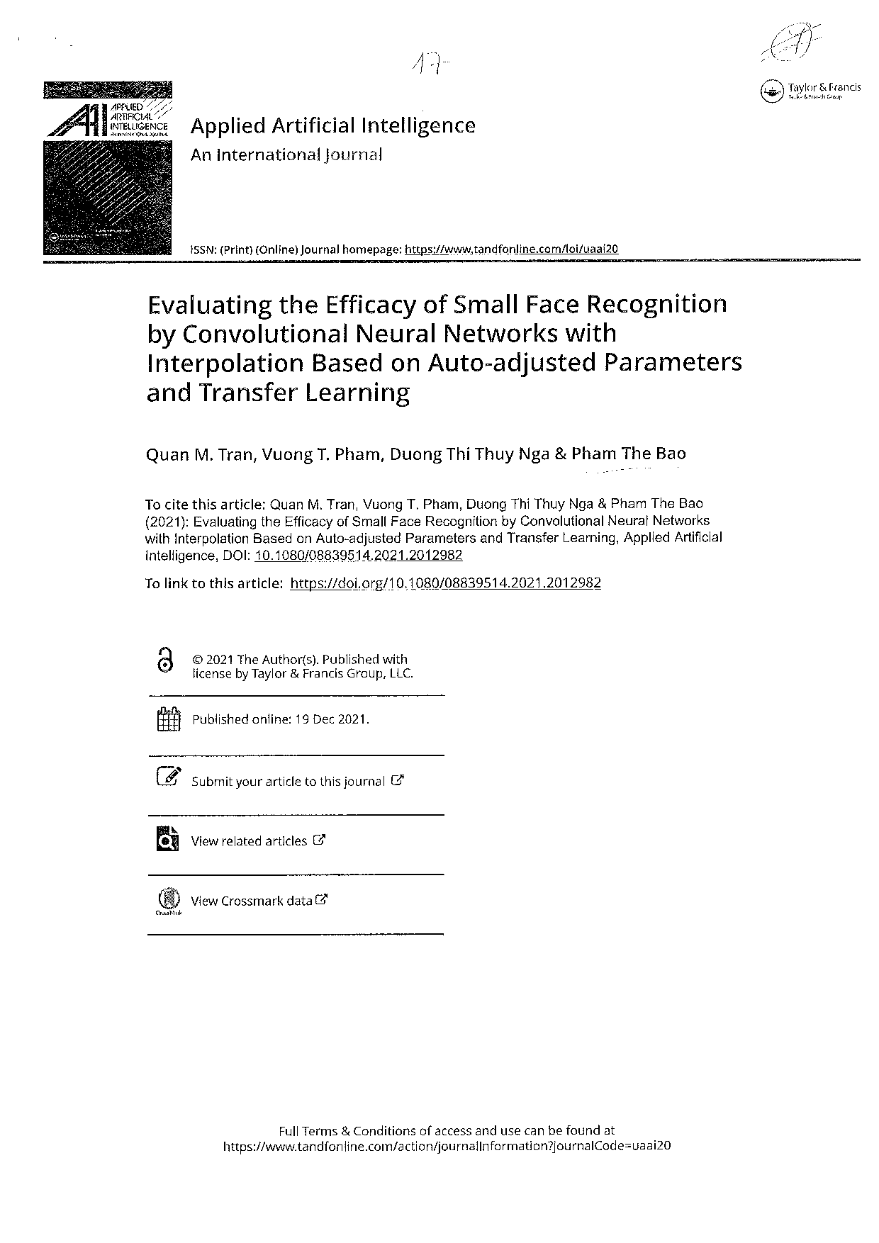 Evaluating the efficacy of small face recognition by convolutional neural networks with interpolation based on auto-adjusted parameters and transfer learning  