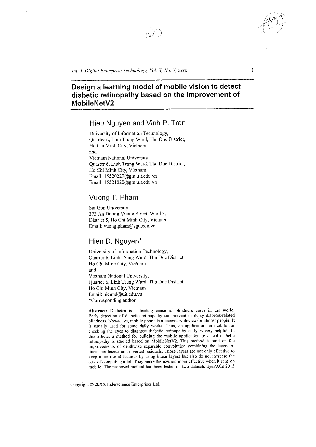 Design a leaning model of mobile vision to detect diabetic retinopathy based on the improvement of MobileNetV2  