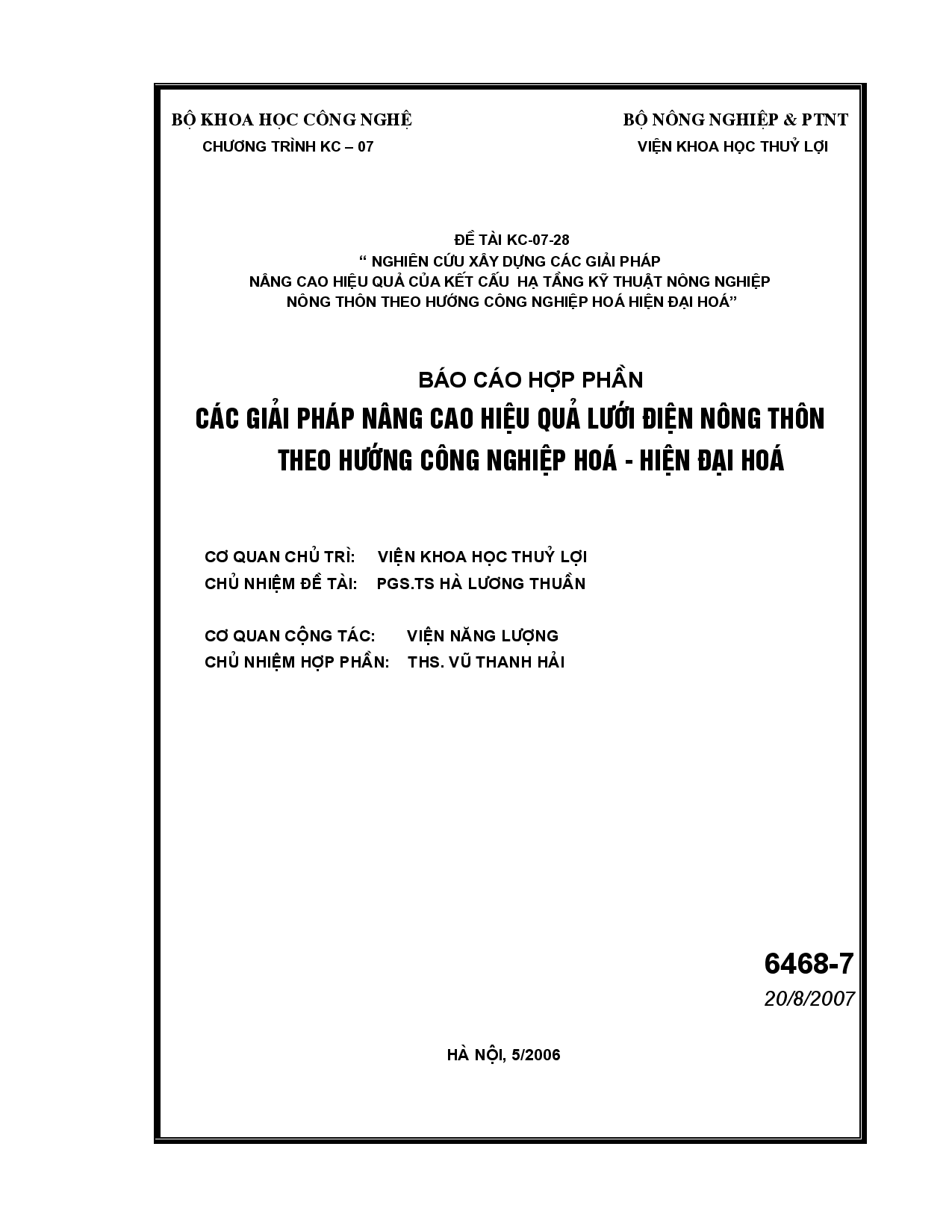 Các giải pháp nâng cao hiệu quả lưới điện nông thôn theo hướng công nghiệp hoá - hiện đại hoá  