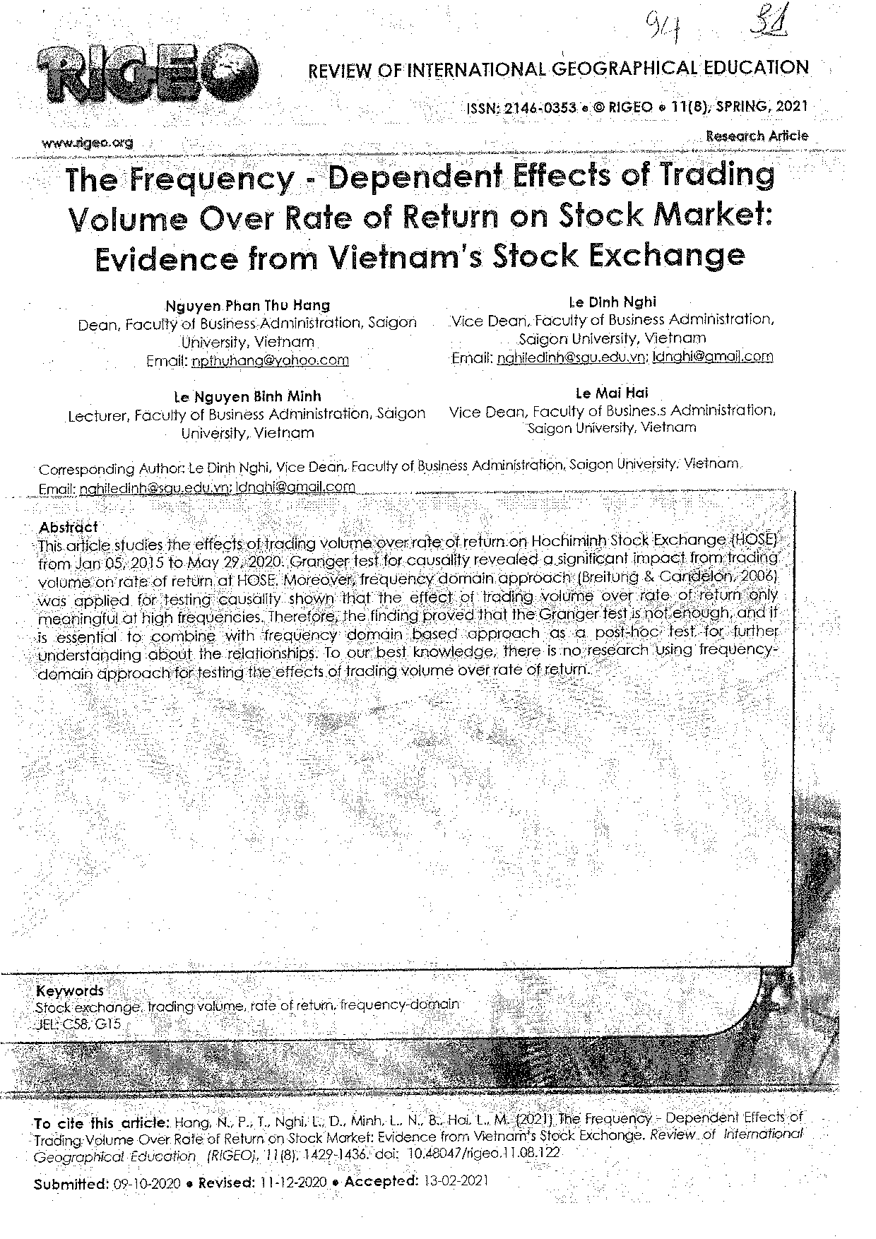 The frequency -dependent effects of trading volume over rate of return on stock market  