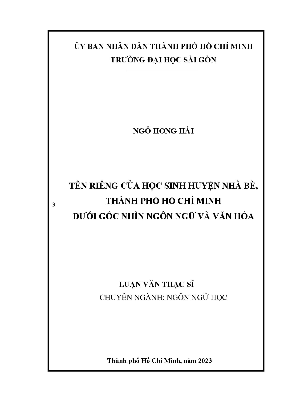 Tên riêng của học sinh huyện Nhà Bè, Thành phố Hồ Chí Minh dưới góc nhìn ngôn ngữ và văn hóa  