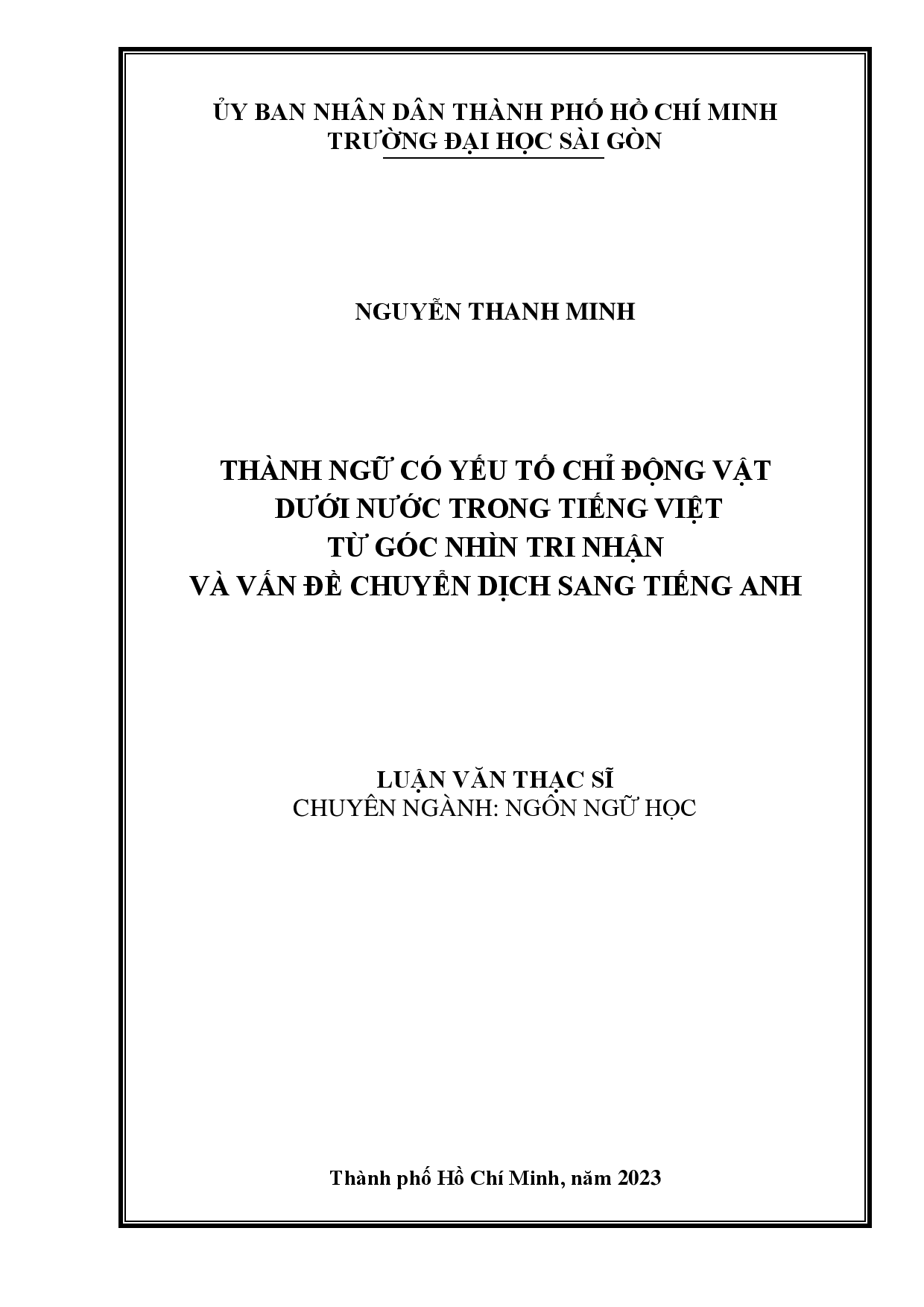 Thành ngữ có yếu tố chỉ động vật dưới nước trong tiếng Việt từ góc nhìn tri nhận và vấn đề chuyển dịch sang Tiếng Anh  