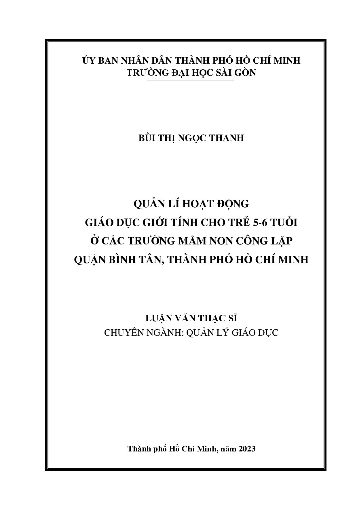 Quản lí hoạt động giáo dục giới tính cho trẻ 5-6 tuổi ở các trường mầm non công lập quận Bình Tân, Thành phố Hồ Chí Minh  