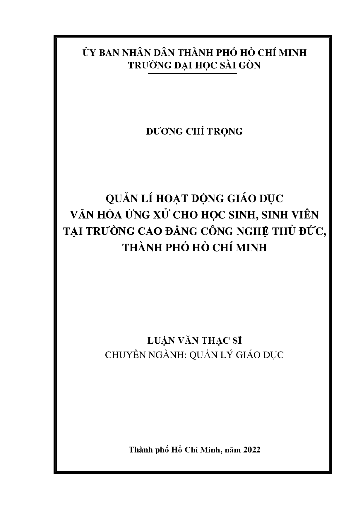 Quản lí hoạt động giáo dục văn hoá ứng xử cho học sinh, sinh viên tại Trường Cao đẳng Công nghệ Thủ Đức, Thành phố Hồ Chí Minh  