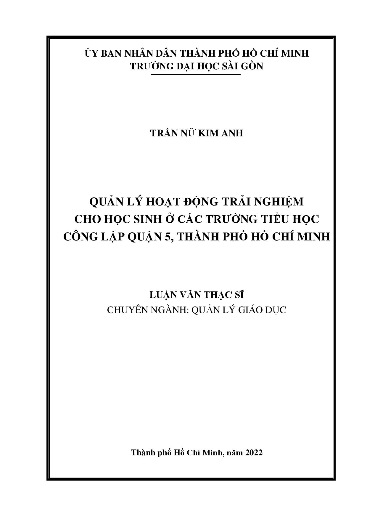 Quản lý hoạt động trải nghiệm cho học sinh ở các trường tiểu học công lập Quận 5, Thành phố Hồ Chí Minh  