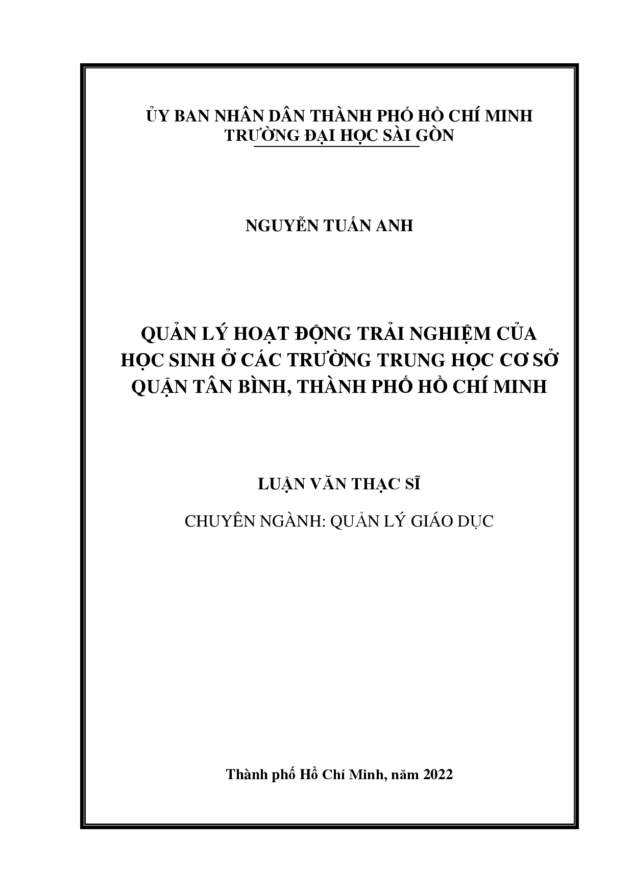 Quản lý hoạt động trải nghiệm của học sinh ở các trường trung học cơ sở quận Tân Bình, Thành phố Hồ Chí Minh  