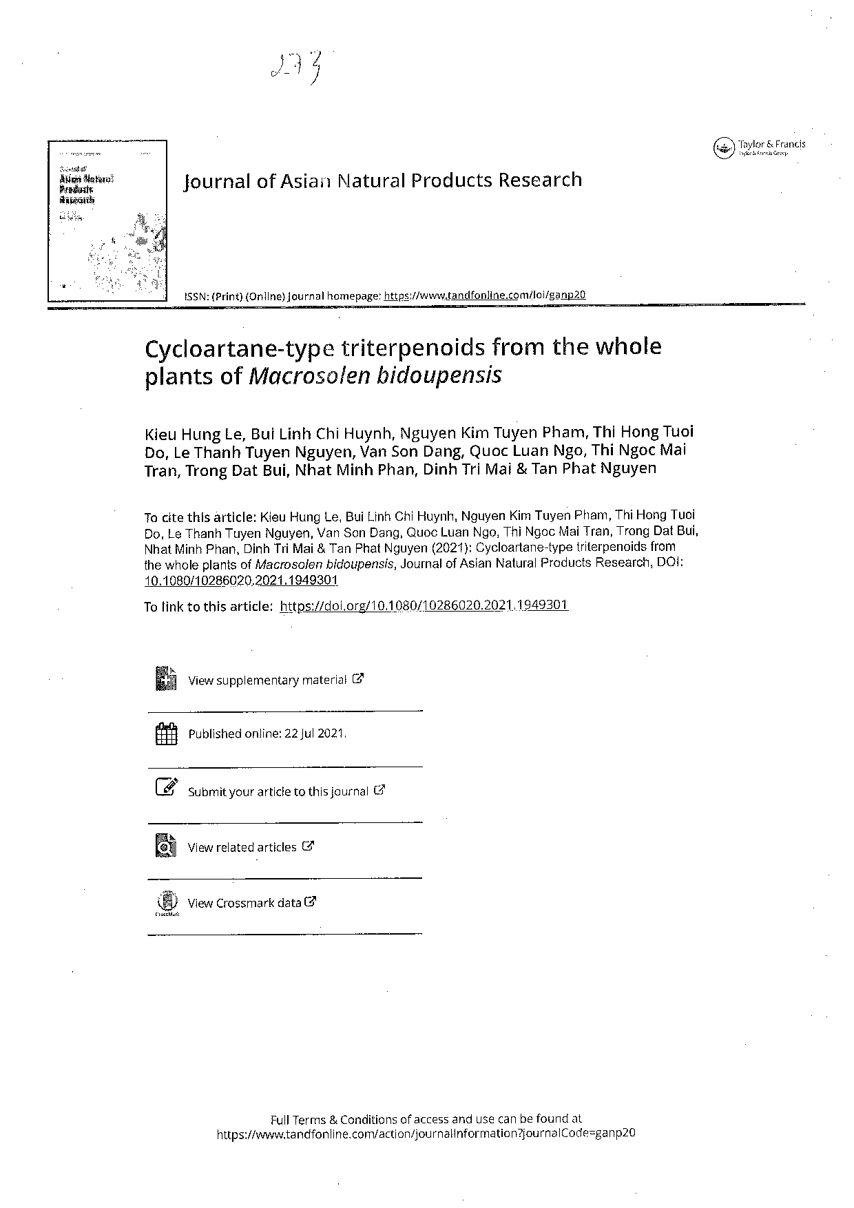 Cycloartane-type triterpenoids from the whole plantsof Macrosolen bidoupensis  