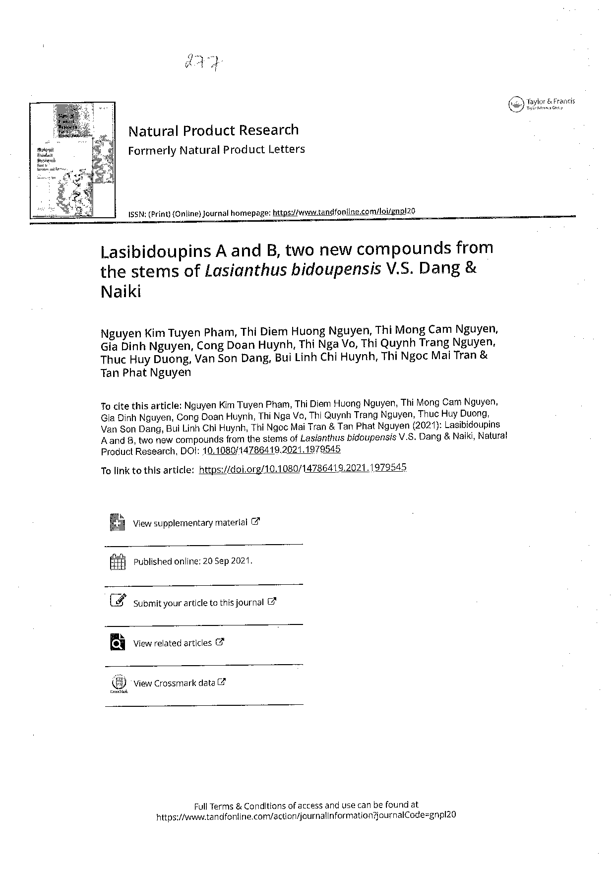 Lasibidoupins A and B, two new compounds from the stems of Lasianthus bidoupensis V.S. Dang &Naiki  