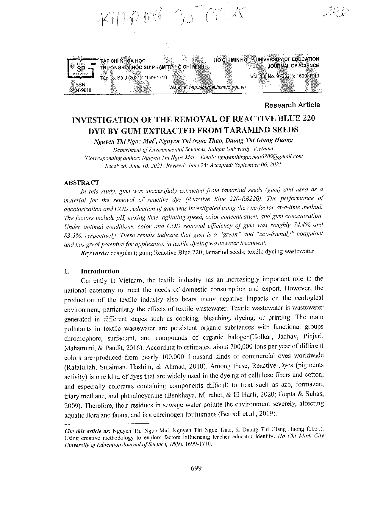 Investigation of the removal of reactive blue 220dye by gum extracted from tamarind seeds  