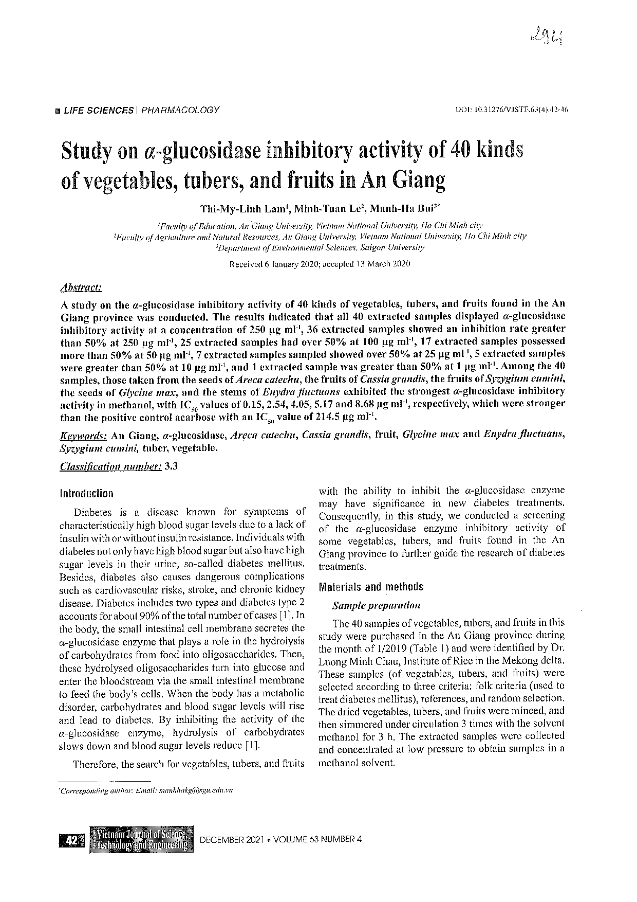 Study on α-glucosidase inhibitory activity of 40 kinds of vegetables, tubers, and fruits in An Giang  