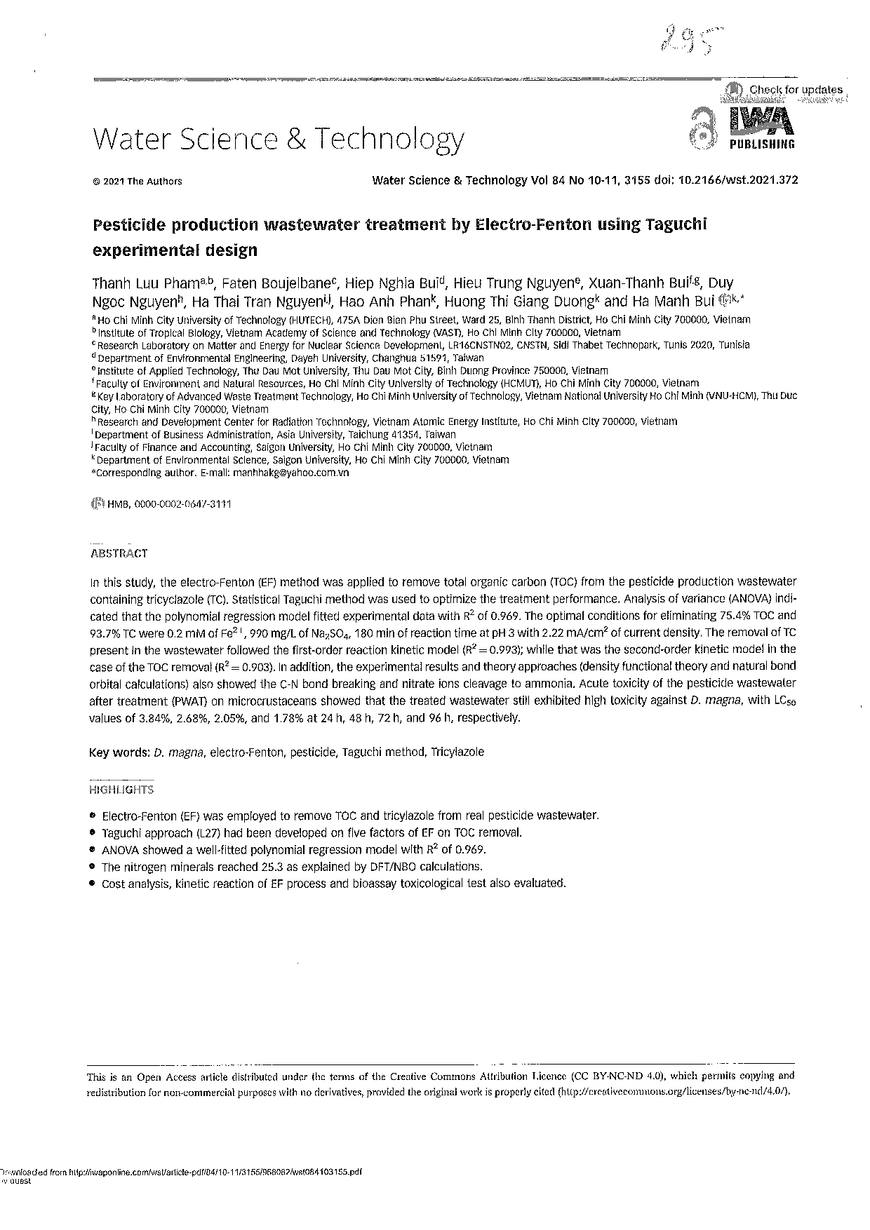 Pesticide production wastewater treatment by Electro-Fenton using Taguchi experimental design  