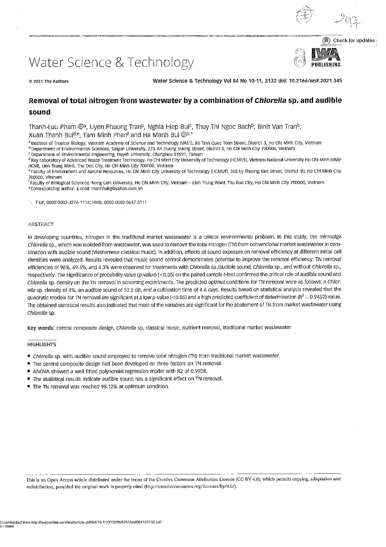 Removal of total nitrogen from wastewater by a combination of Chlorella sp. and audible sound  