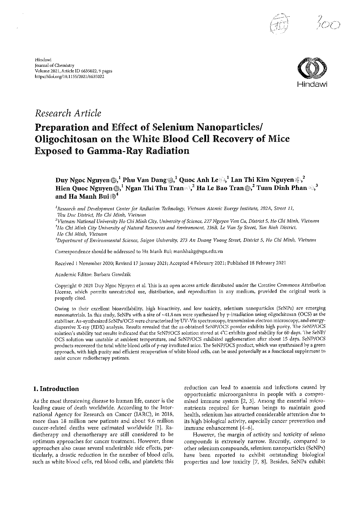 Preparation and Effect of Selenium Nanoparticles/ Oligochitosan on the White Blood Cell Recovery of Mice Exposed to Gamma-Ray Radiation  