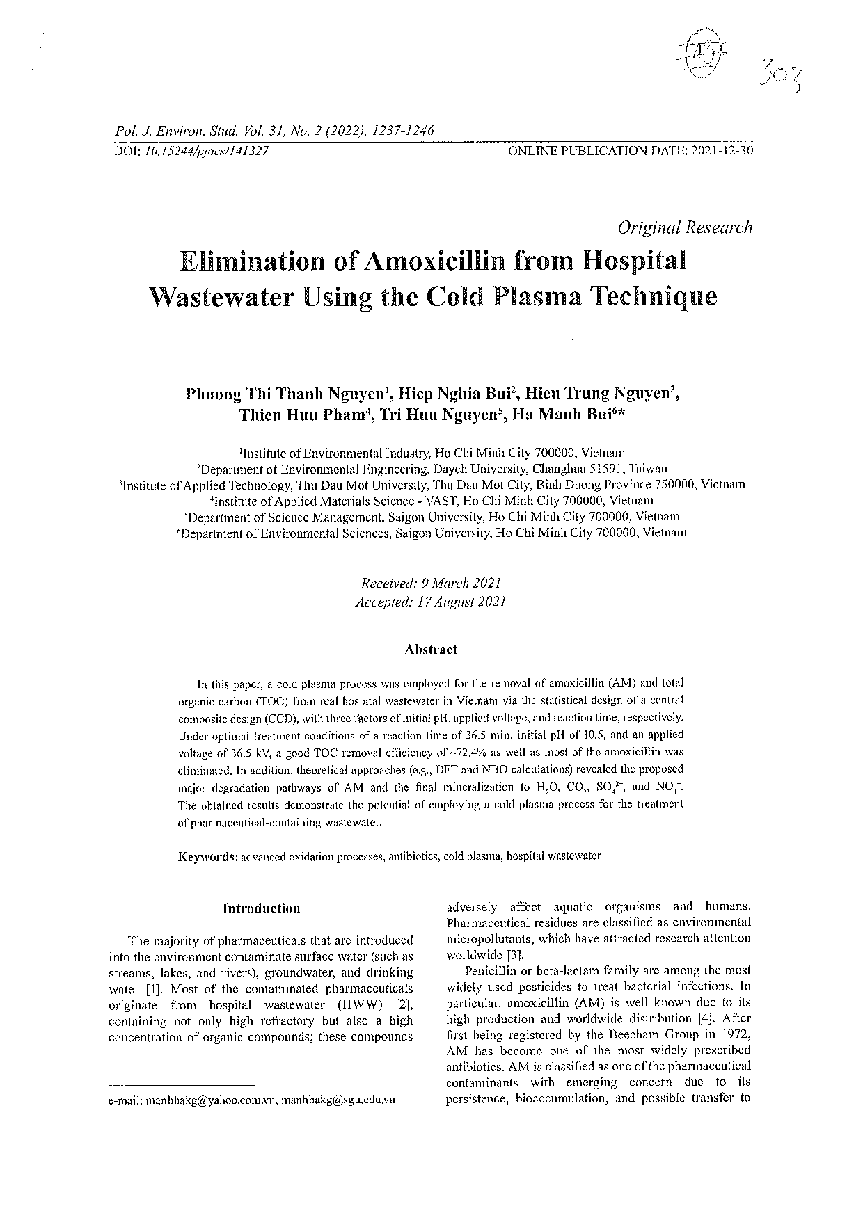 Elimination of amoxicillin from hospital wastewater using the cold plasma technique  