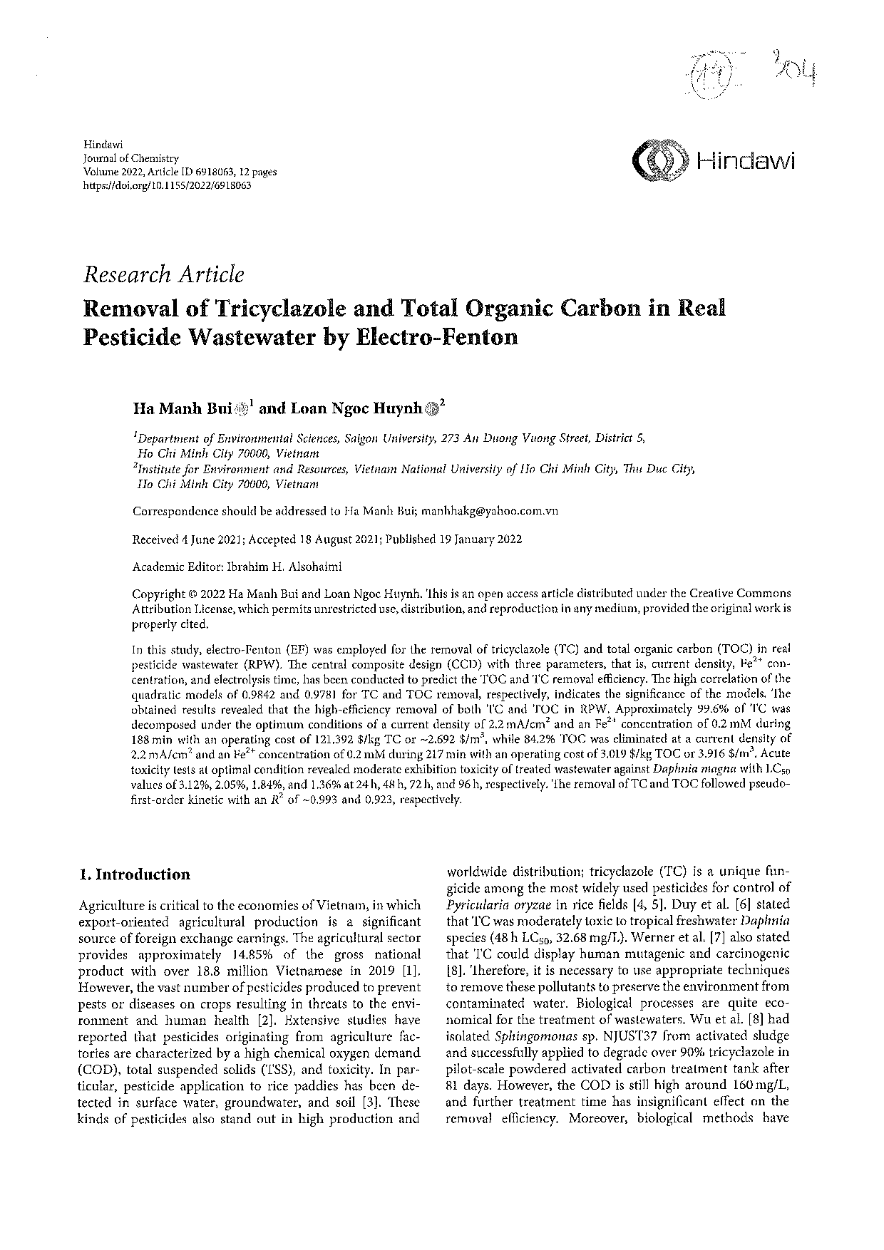 Removal of Tricyclazole and total organic carbon in real pesticide wastewater by electro-fenton  