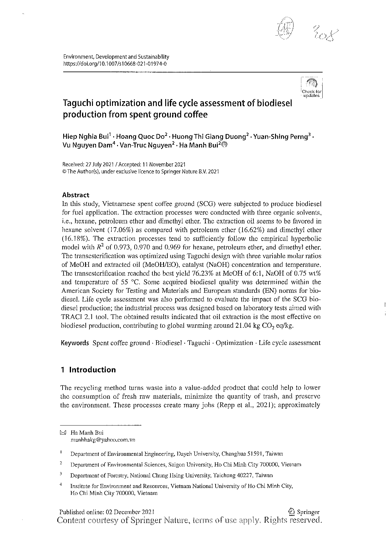 Taguchi optimization and life cycle assessment of biodiesel production from spent ground coffee  