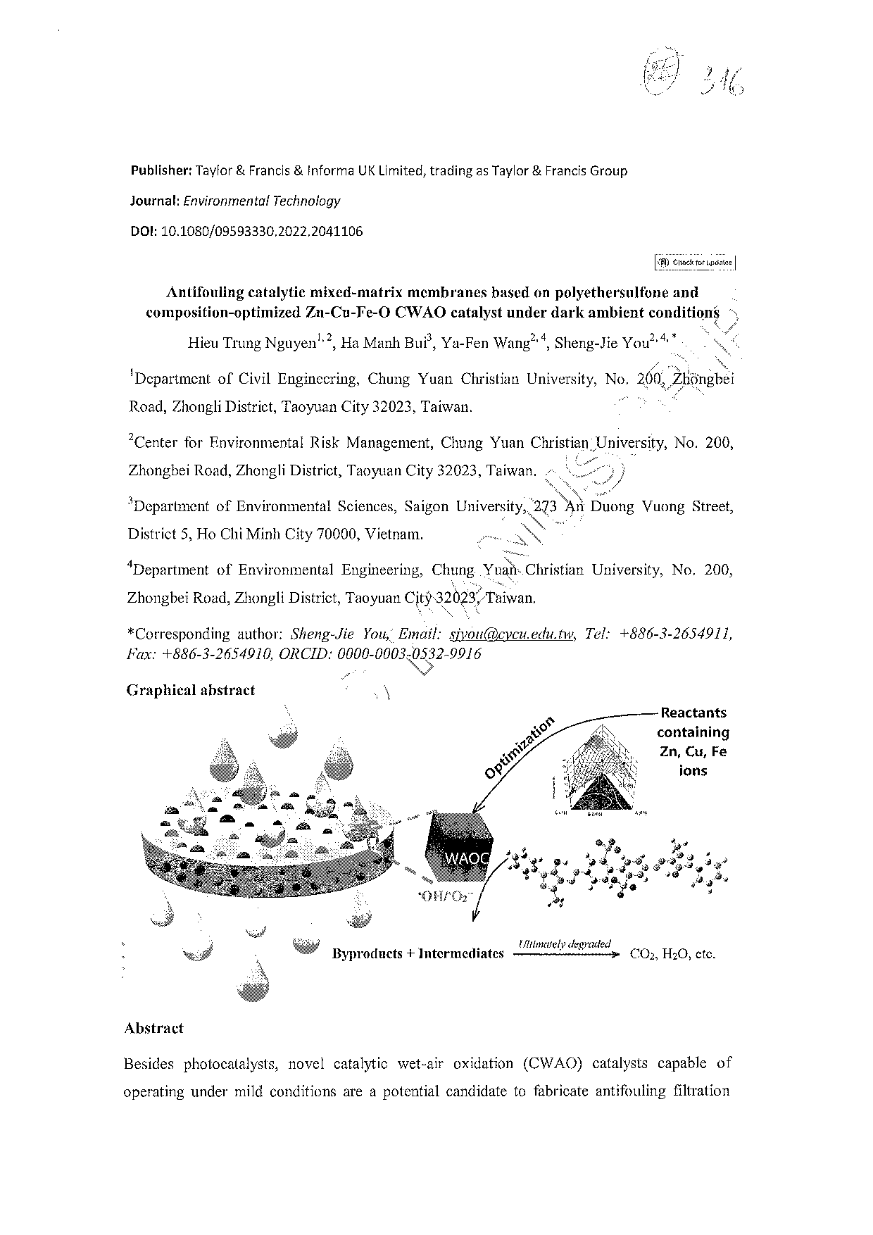 Antifouling catalytic mixed-matrix membranes based on polyethersulfone and composition-optimized Zn-Cu-Fe-O CWAO catalyst under dark ambient conditions  