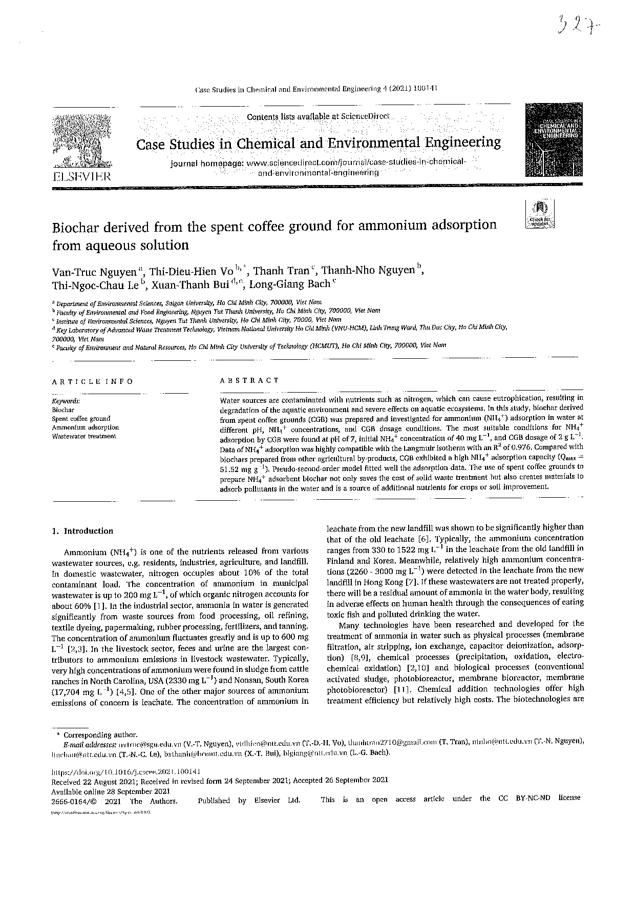 Biochar derived from the spent coffee ground for ammonium adsorption from aqueous solution  