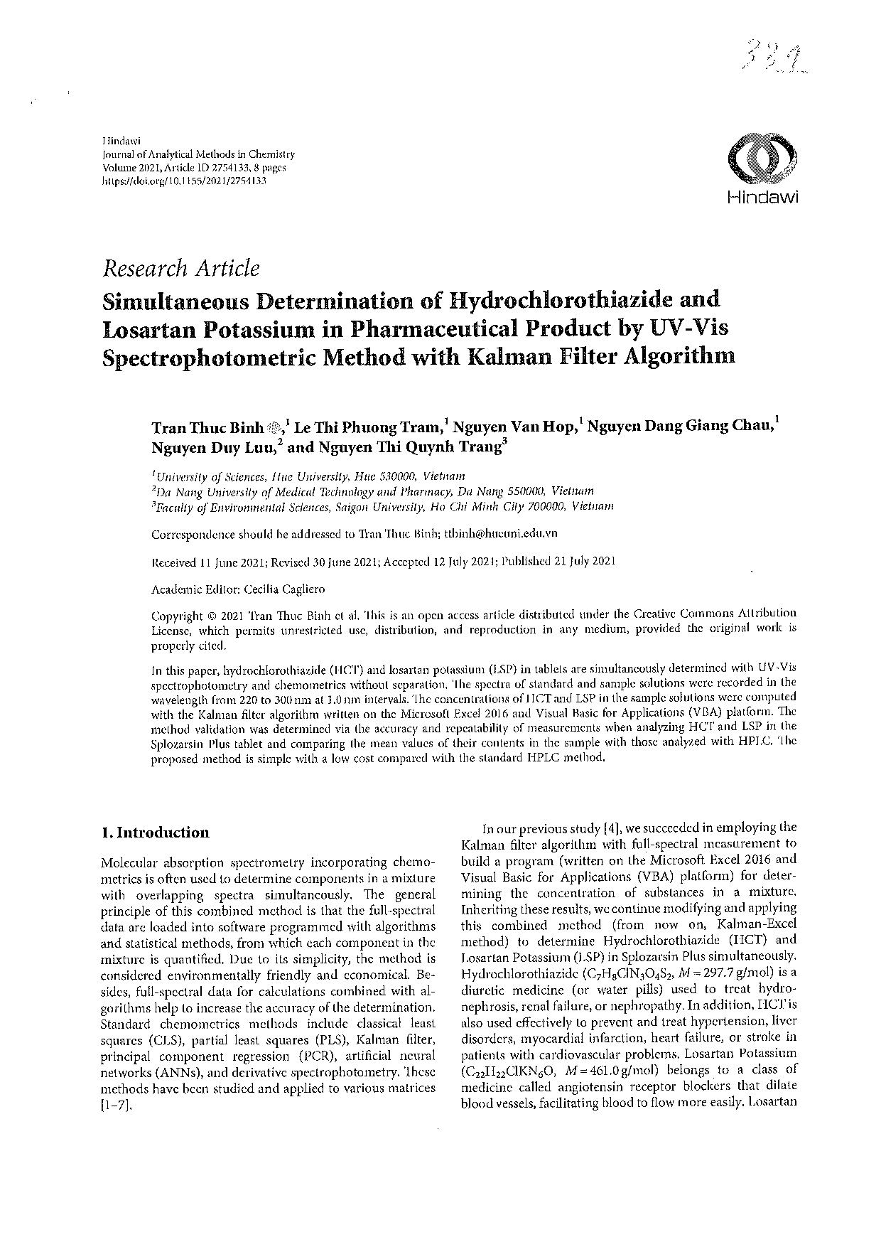 Simultaneous Determination of Hydrochlorothiazide and Losartan Potassium in Pharmaceutical Product by UV-Vis Spectrophotometric Method with Kalman Filter Algorithm  