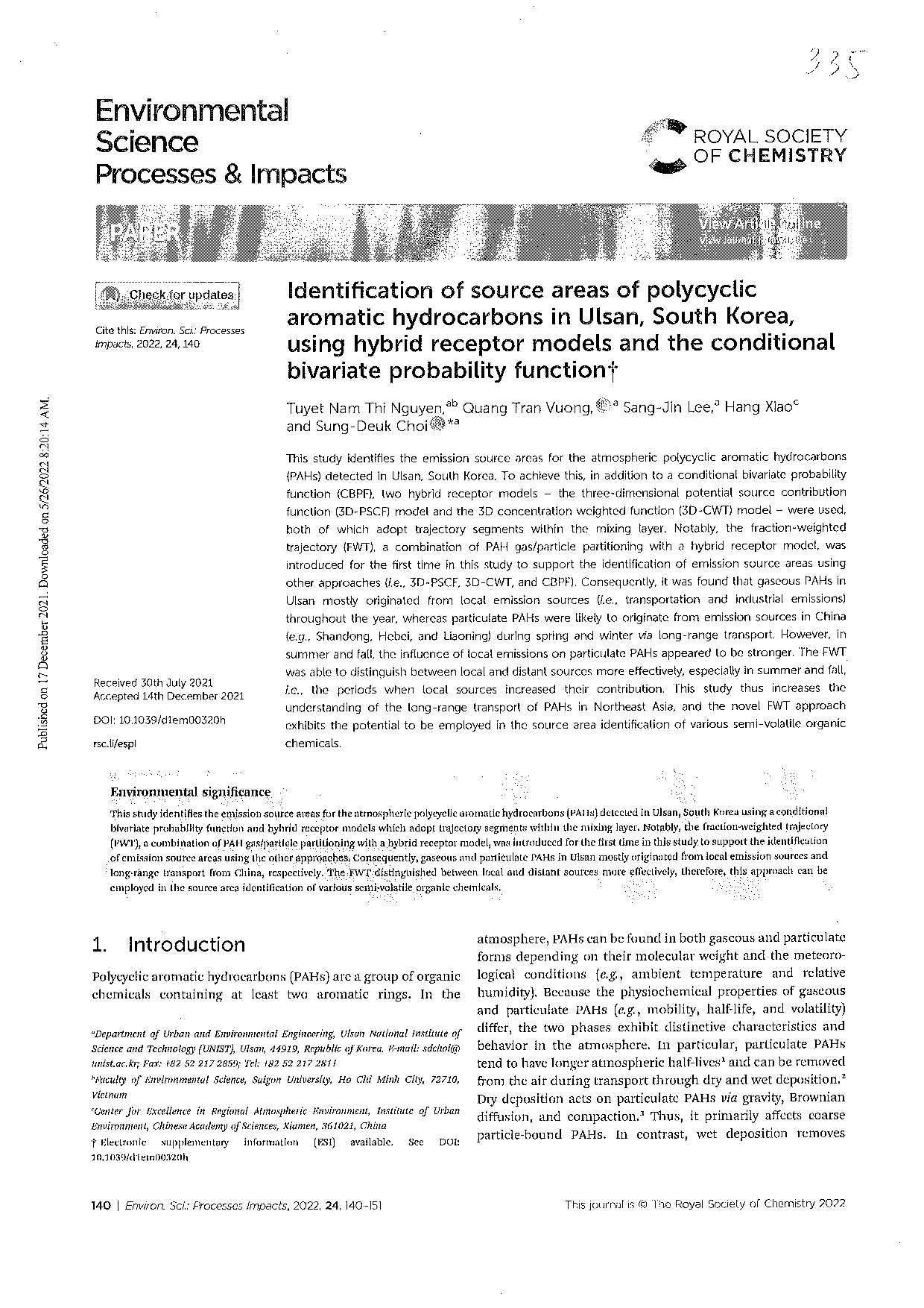 Identification of source areas of polycyclic aromatic hydrocarbons in Ulsan, South Korea, using hybrid receptor models and the conditional bivariate probability function  