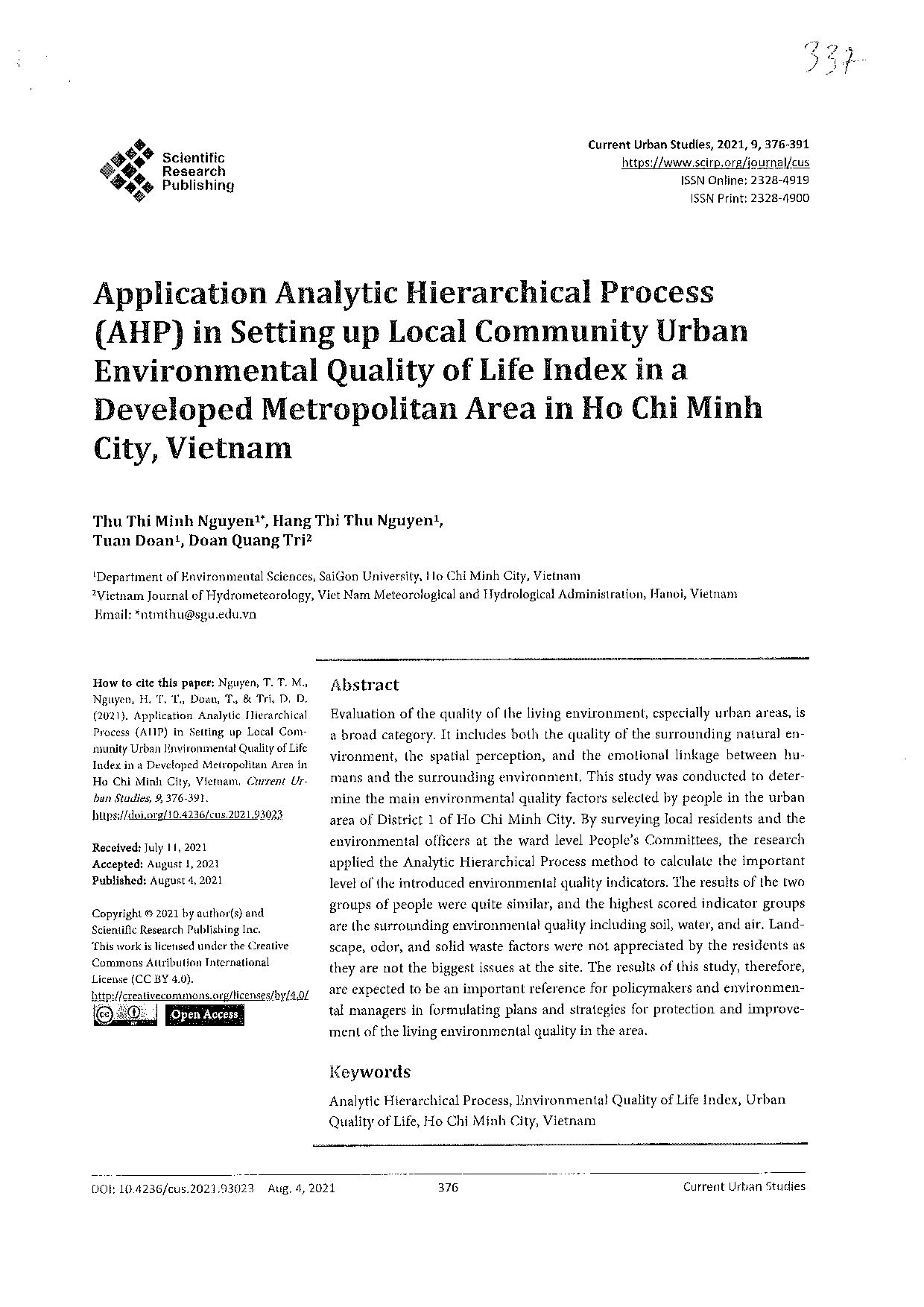 Application Analytic Hierarchical Process(AHP) in Setting up Local Community Urban Environmental Quality of Life Index in a Developed Metropolitan Area in Ho Chi Minh City, Vietnam  