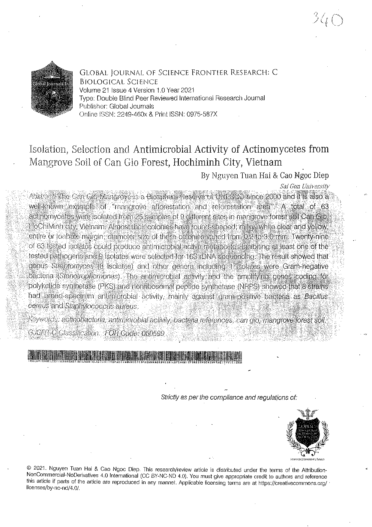 Isolation, Selection and Antimicrobial Activity of Actinomycetes from Mangrove Soil of Can Gio Forest, Hochiminh City, Vietnam  